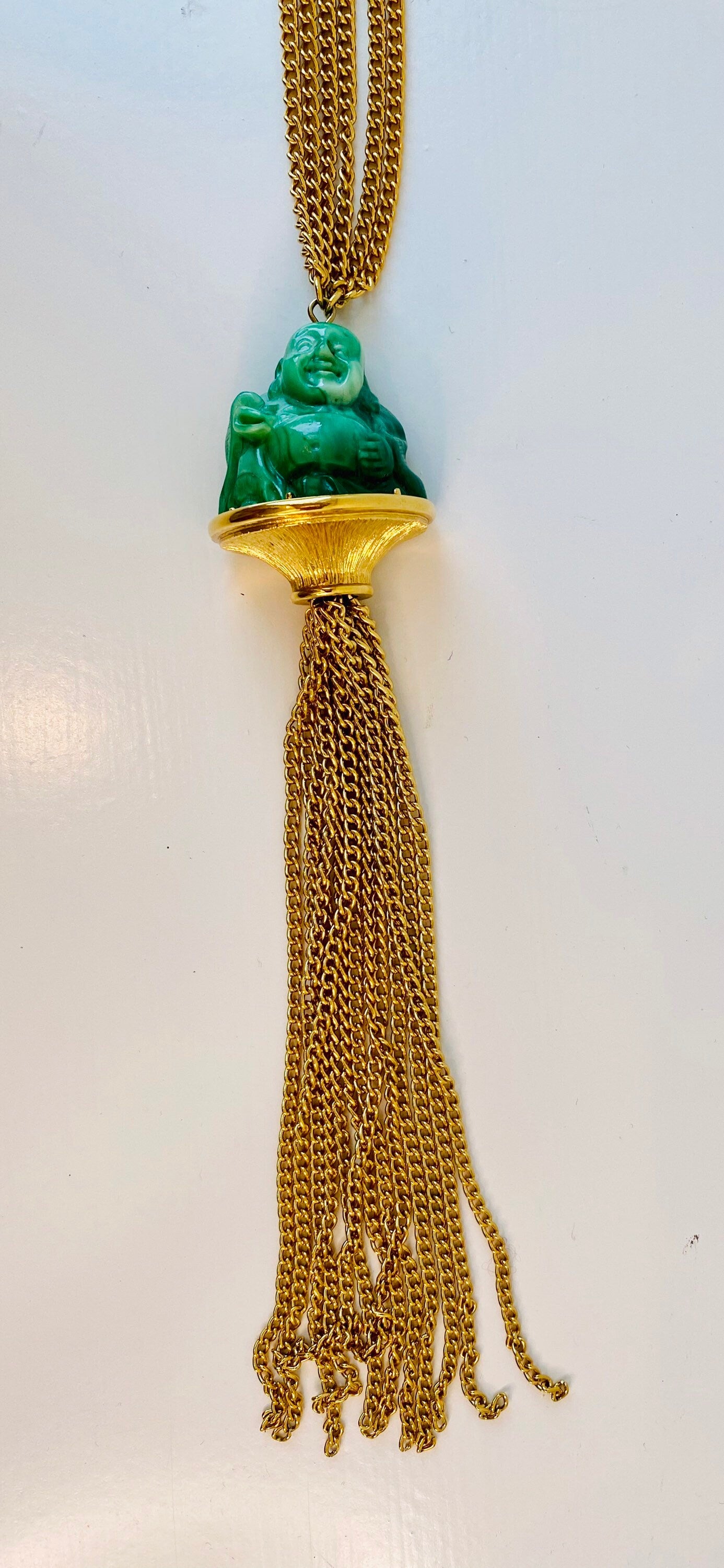 Vintage Pauline Trigere signed Buddha Pendant Gold Chain Statement Necklace