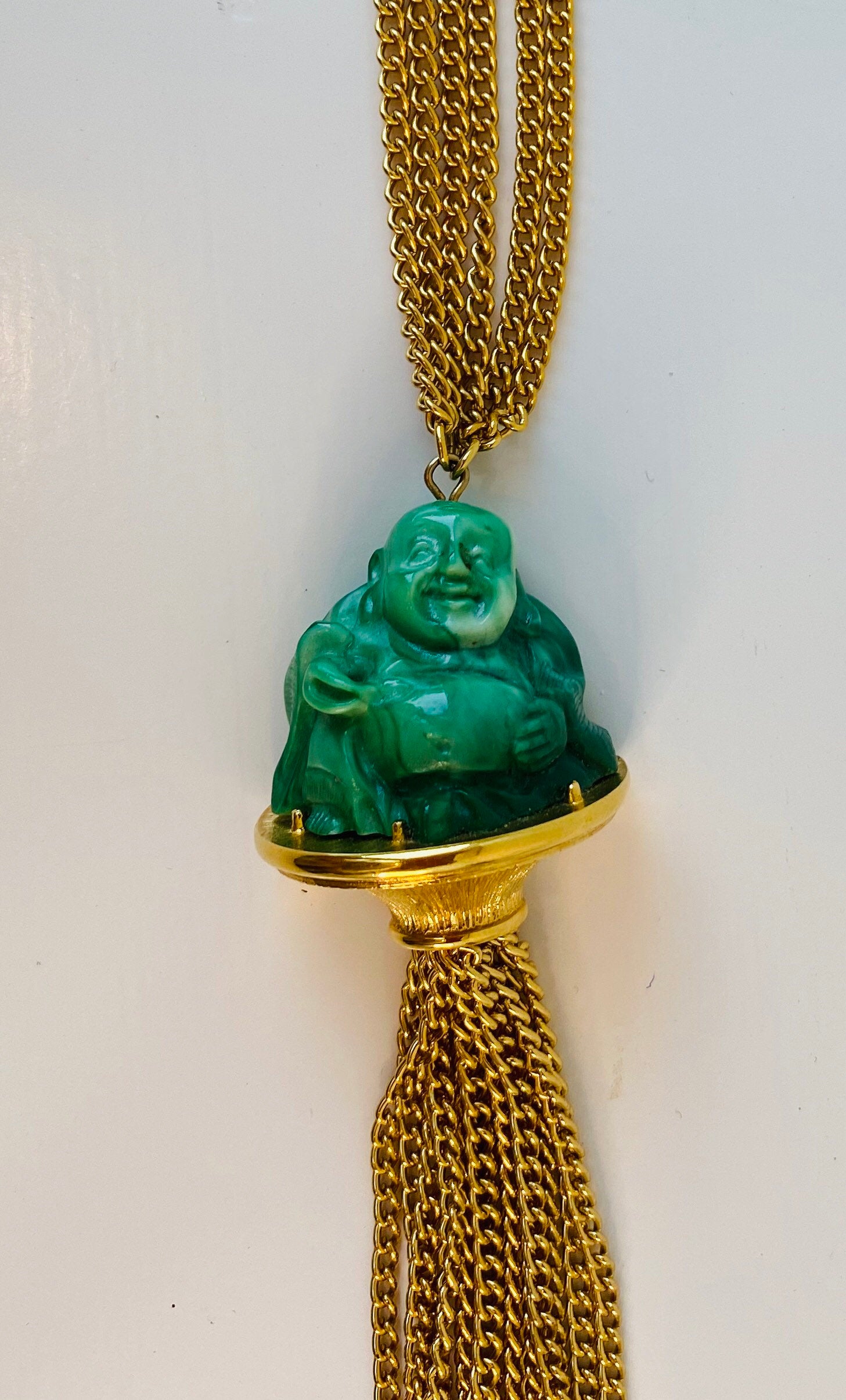 Vintage Pauline Trigere signed Buddha Pendant Gold Chain Statement Necklace