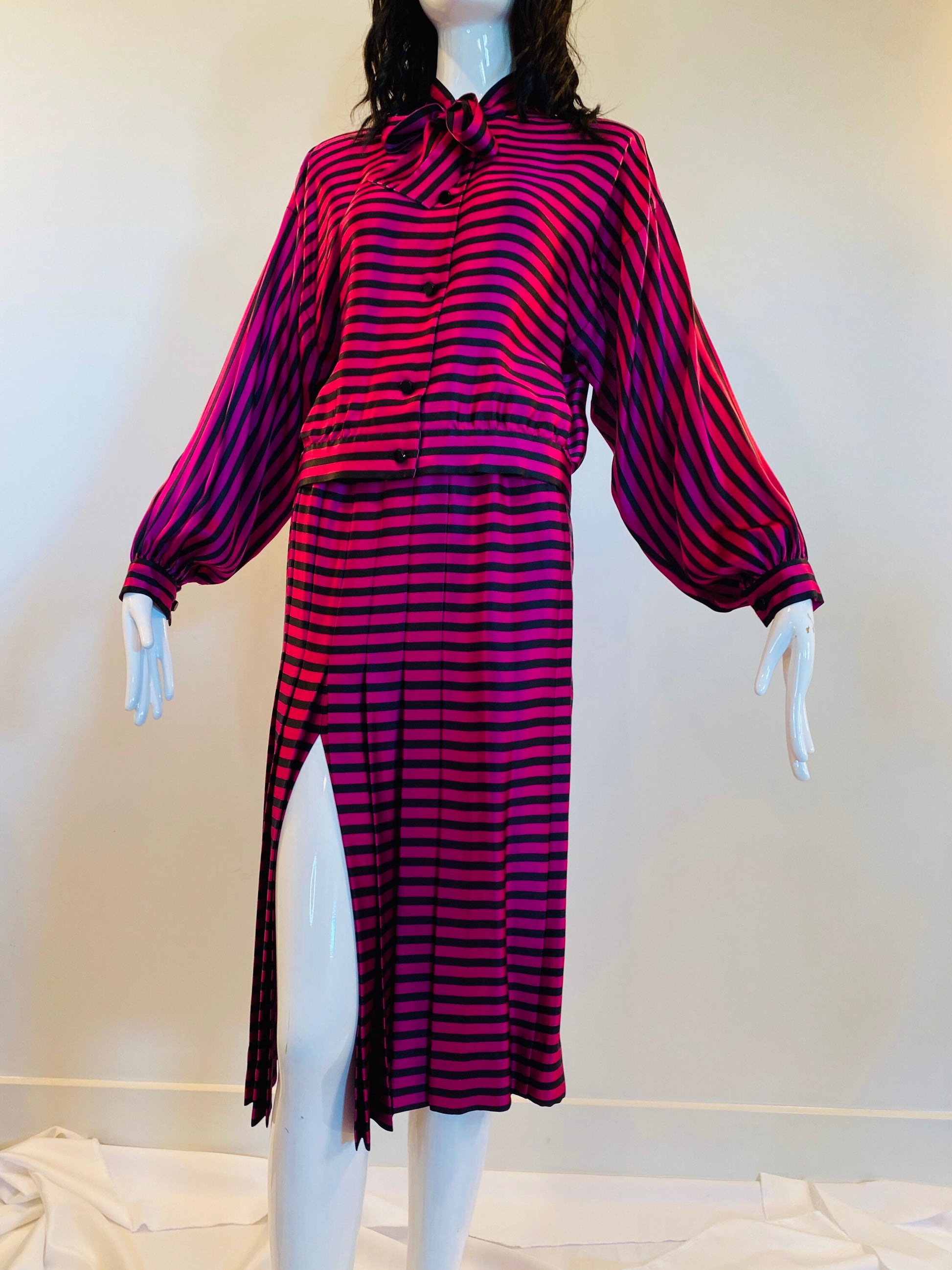 80s Magenta and Black Stripes Silk Pleated High Slit Skirt And Pussy Bow Blouse Ensemble Set