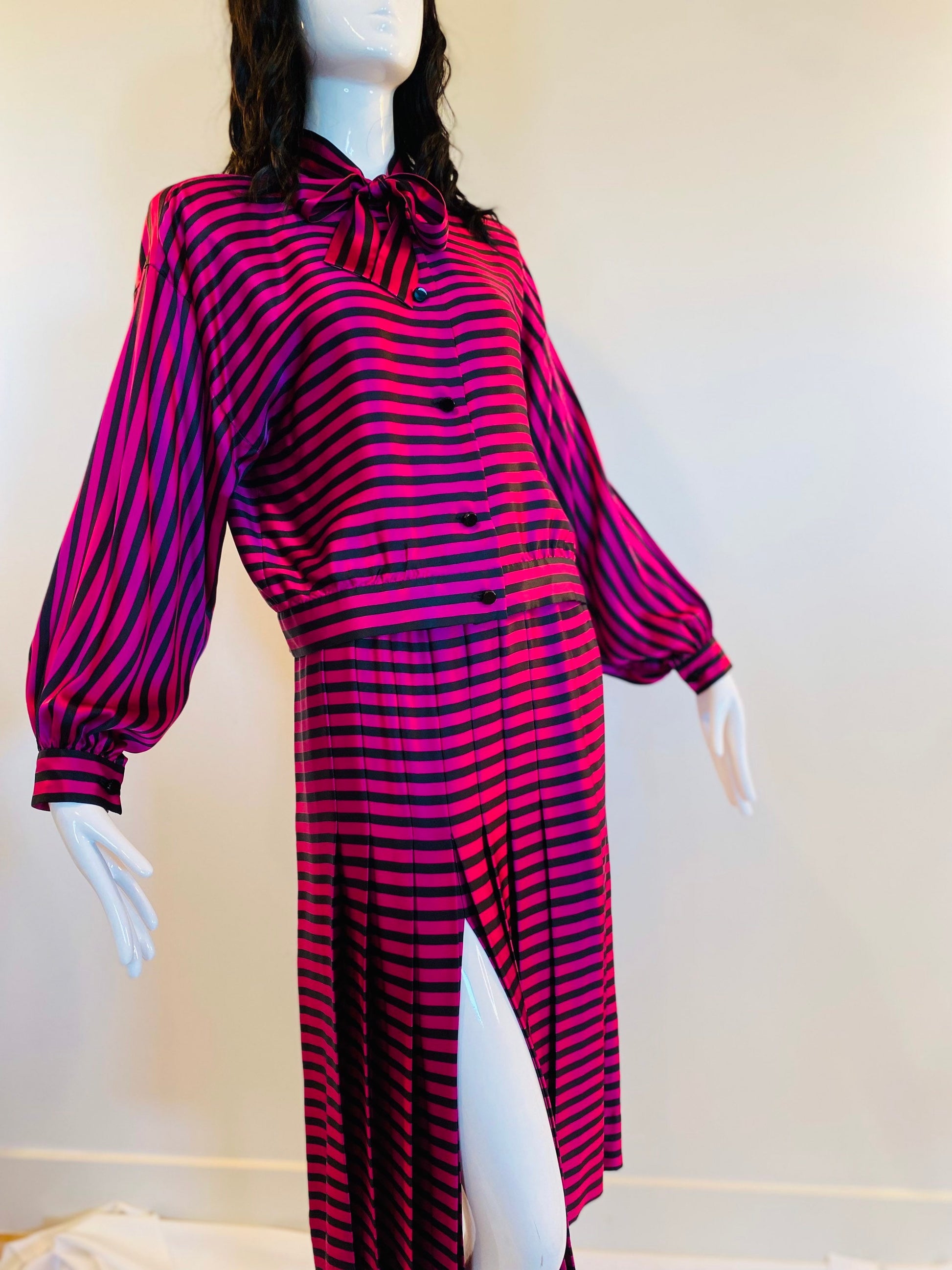 80s Magenta and Black Stripes Silk Pleated High Slit Skirt And Pussy Bow Blouse Ensemble Set