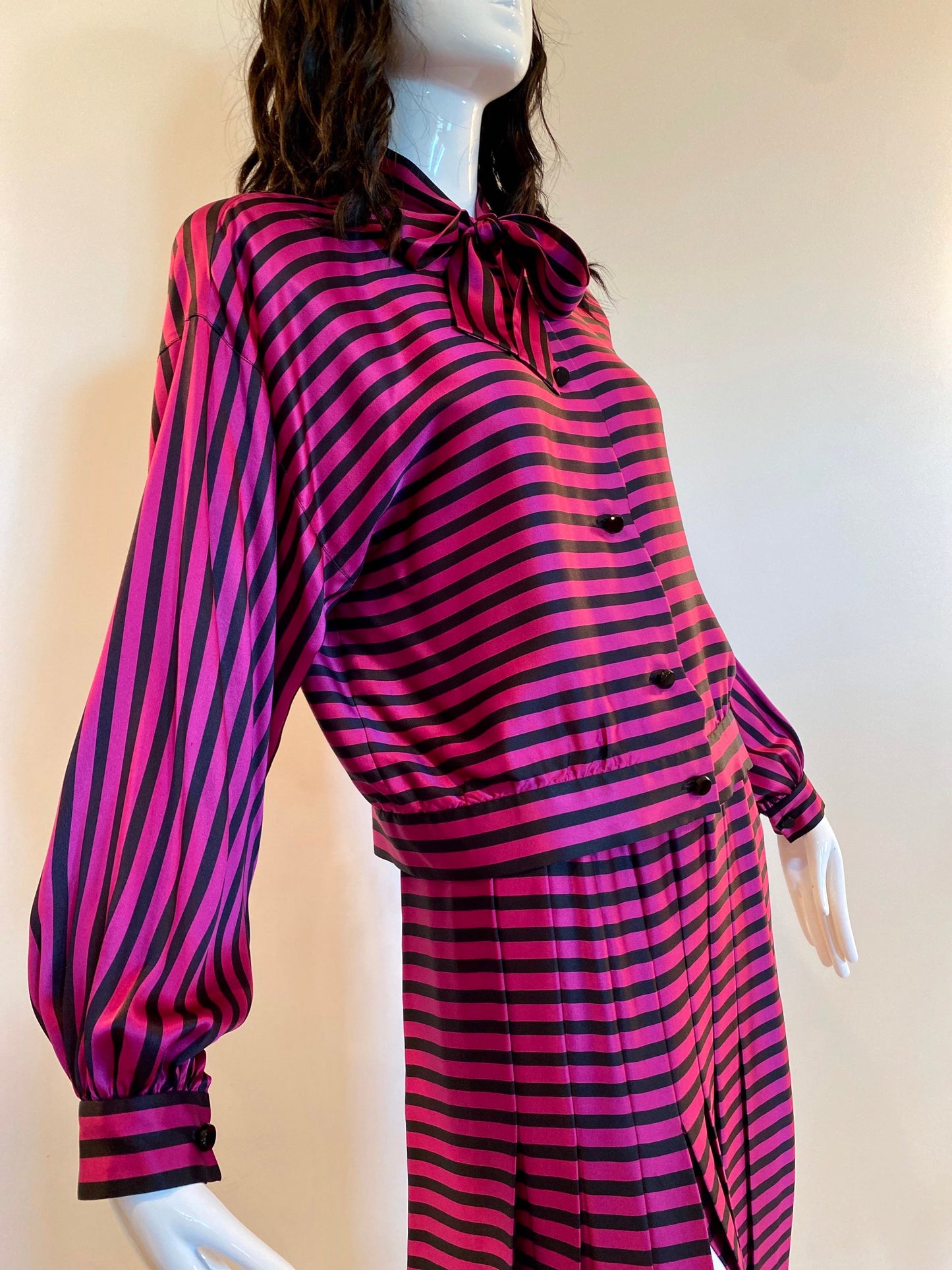 80s Magenta and Black Stripes Silk Pleated High Slit Skirt And Pussy Bow Blouse Ensemble Set