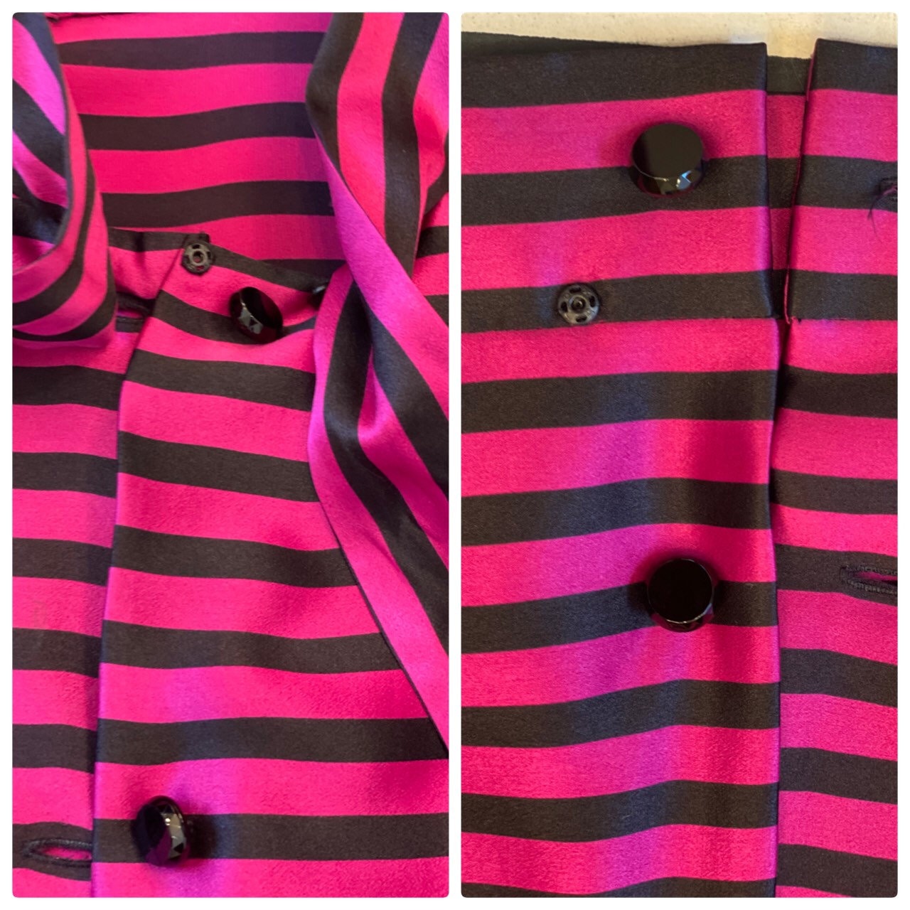 80s Magenta and Black Stripes Silk Pleated High Slit Skirt And Pussy Bow Blouse Ensemble Set