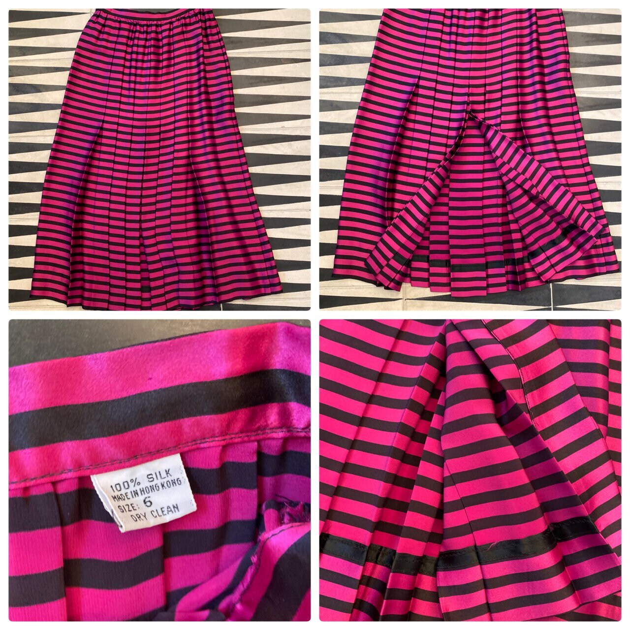 80s Magenta and Black Stripes Silk Pleated High Slit Skirt And Pussy Bow Blouse Ensemble Set