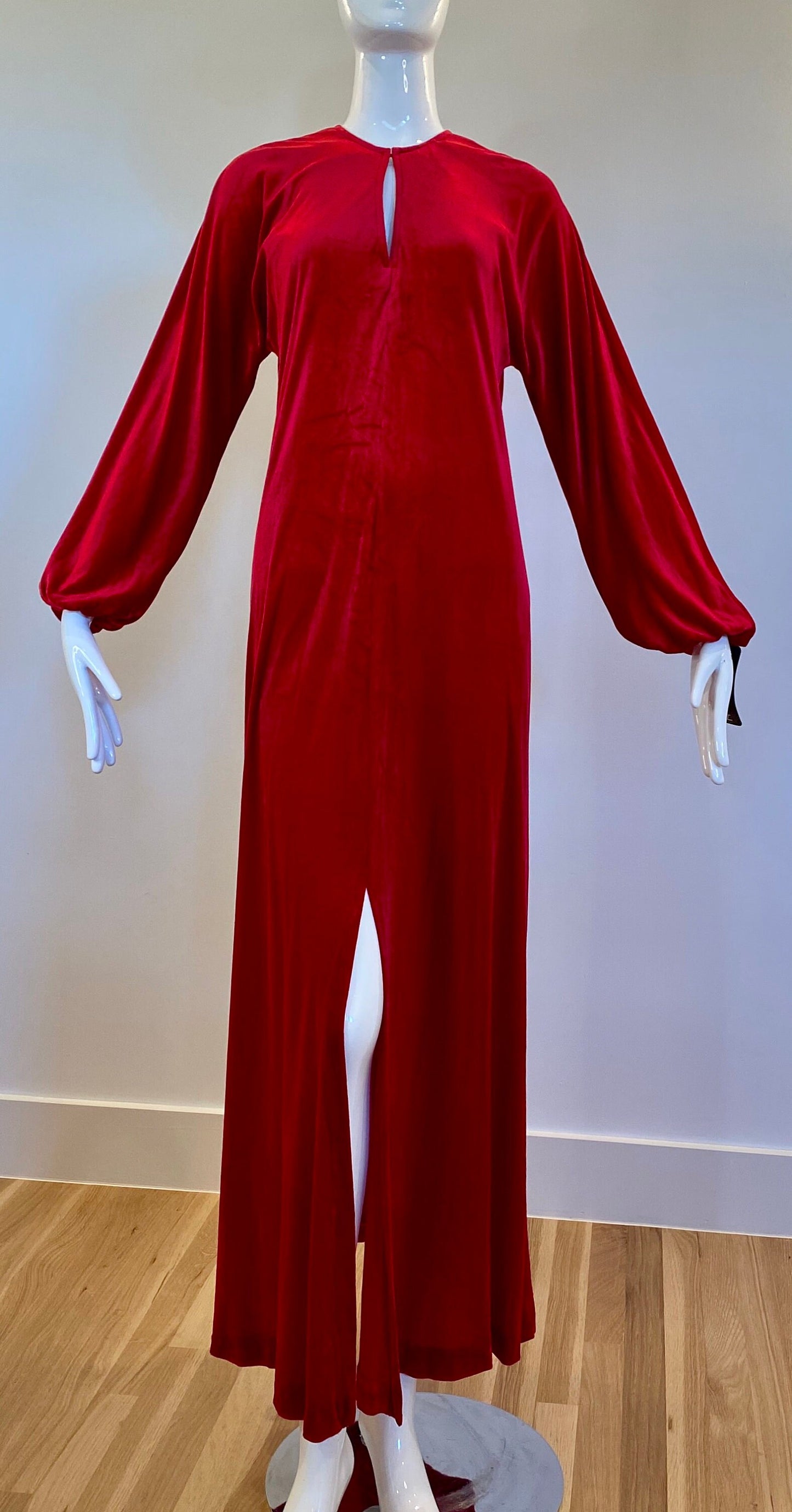 70s HALSTON IV Dorian NWT Glamorous Red Velvet Sweeping Maxi Caftan Hostess Dress