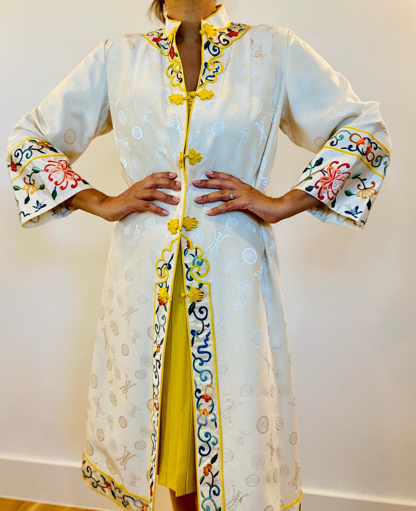 40s Rare Silk Cream and Yellow Chinoiserie Fancy Long Jacket / Multi Color Embroidered Silk Jacket Dress / Hostess Dressing