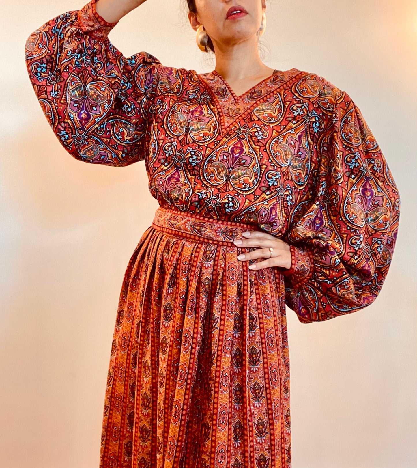 80s Miss O Oscar De La Renta Gypsy Paisley Silk Dramatic Balloon Sleeves Skirt Set 31" Waist