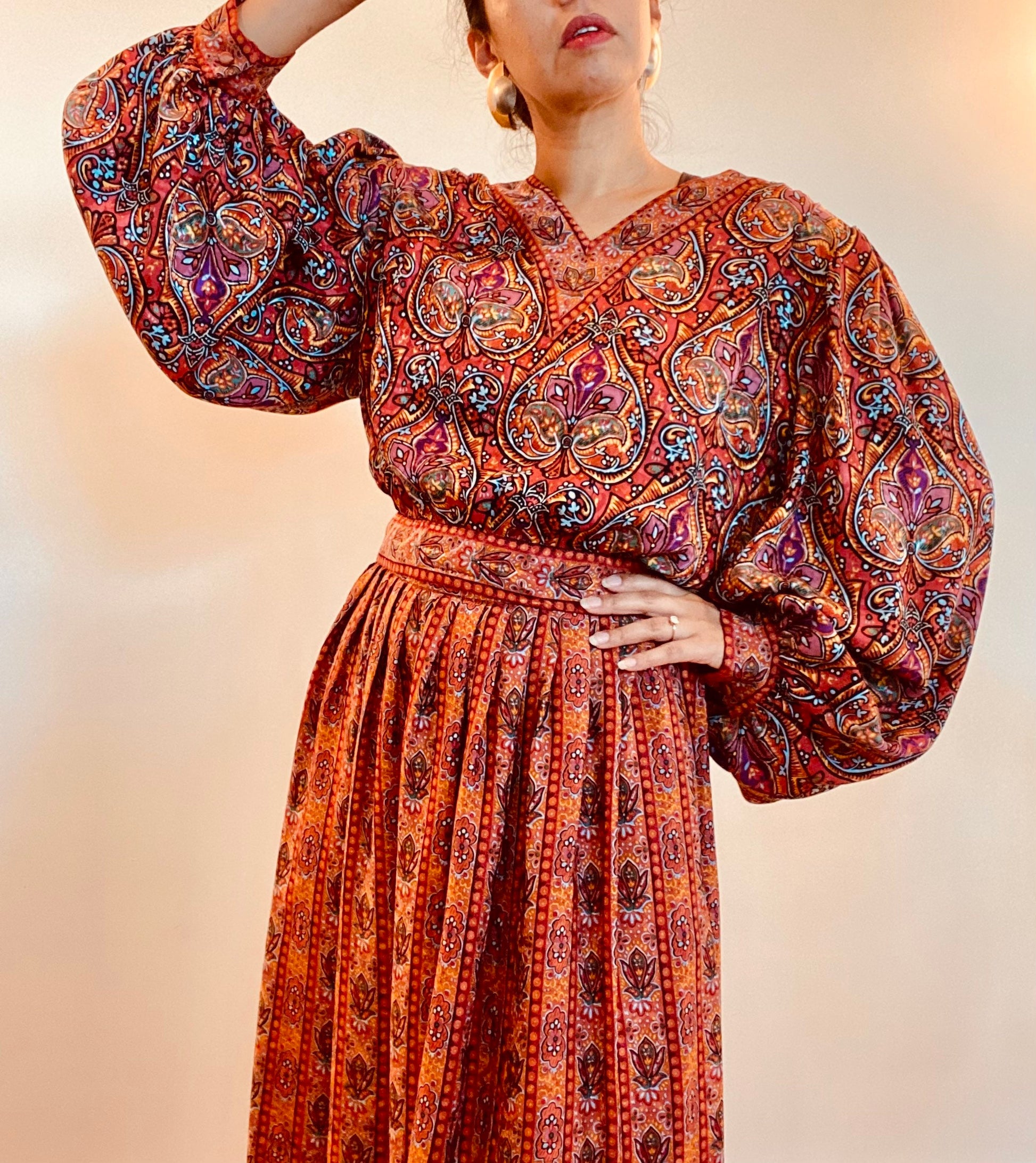 80s Miss O Oscar De La Renta Gypsy Paisley Silk Dramatic Balloon Sleeves Skirt Set 31" Waist