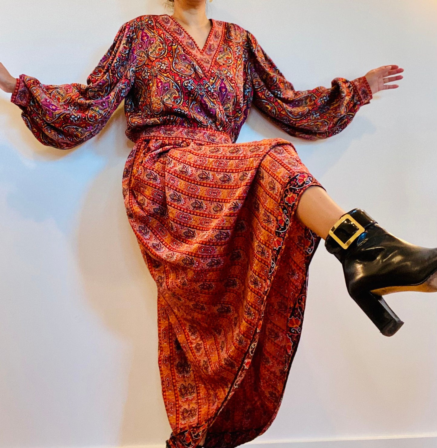 80s Miss O Oscar De La Renta Gypsy Paisley Silk Dramatic Balloon Sleeves Skirt Set 31" Waist