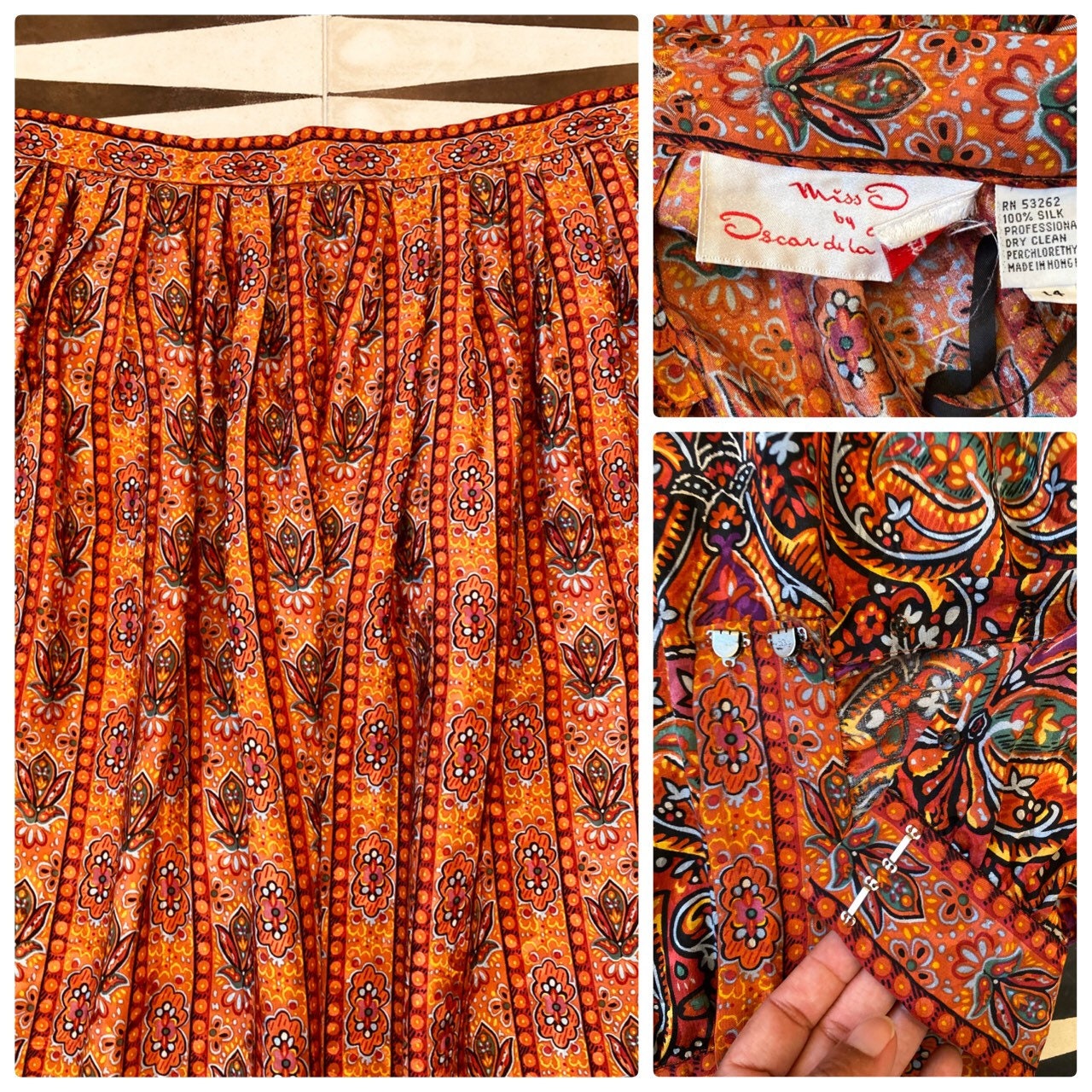 80s Miss O Oscar De La Renta Gypsy Paisley Silk Dramatic Balloon Sleeves Skirt Set 31" Waist