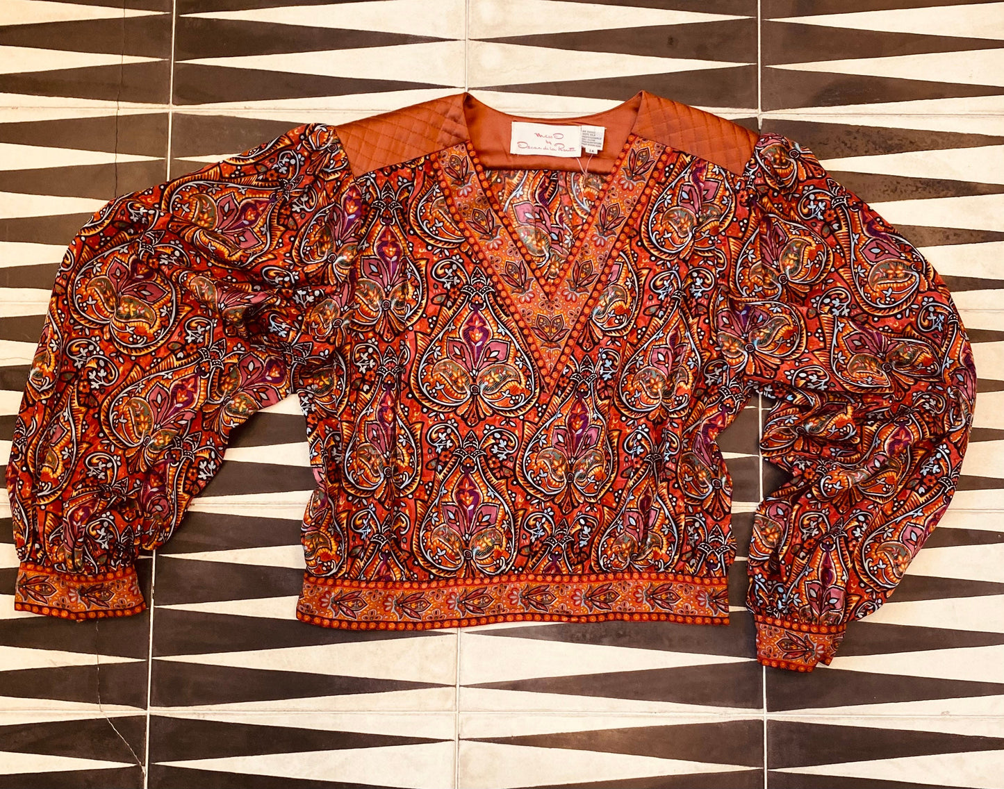 80s Miss O Oscar De La Renta Gypsy Paisley Silk Dramatic Balloon Sleeves Skirt Set 31" Waist