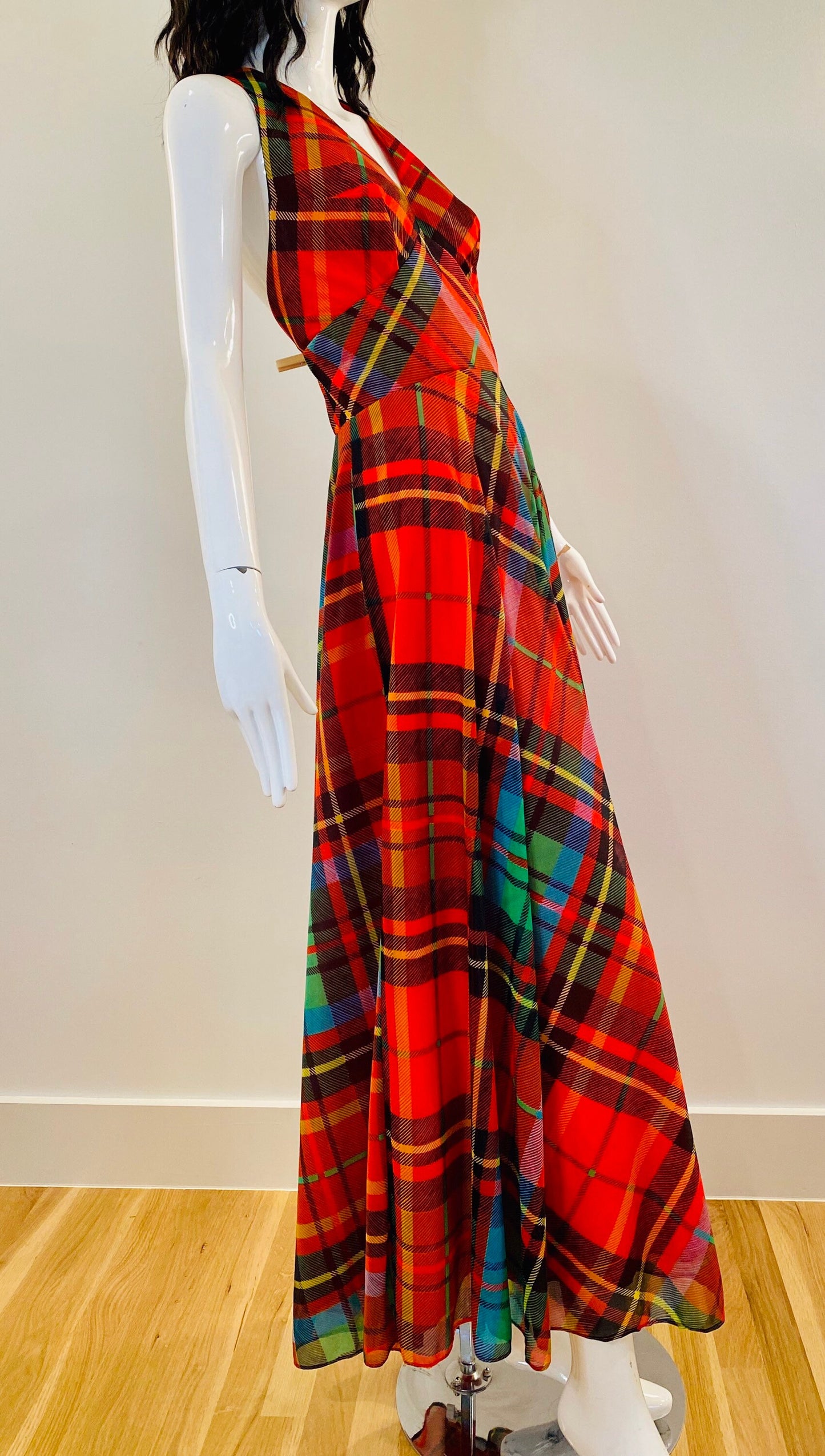 70s Coco of California Red Plaid Maxi Halter Dress