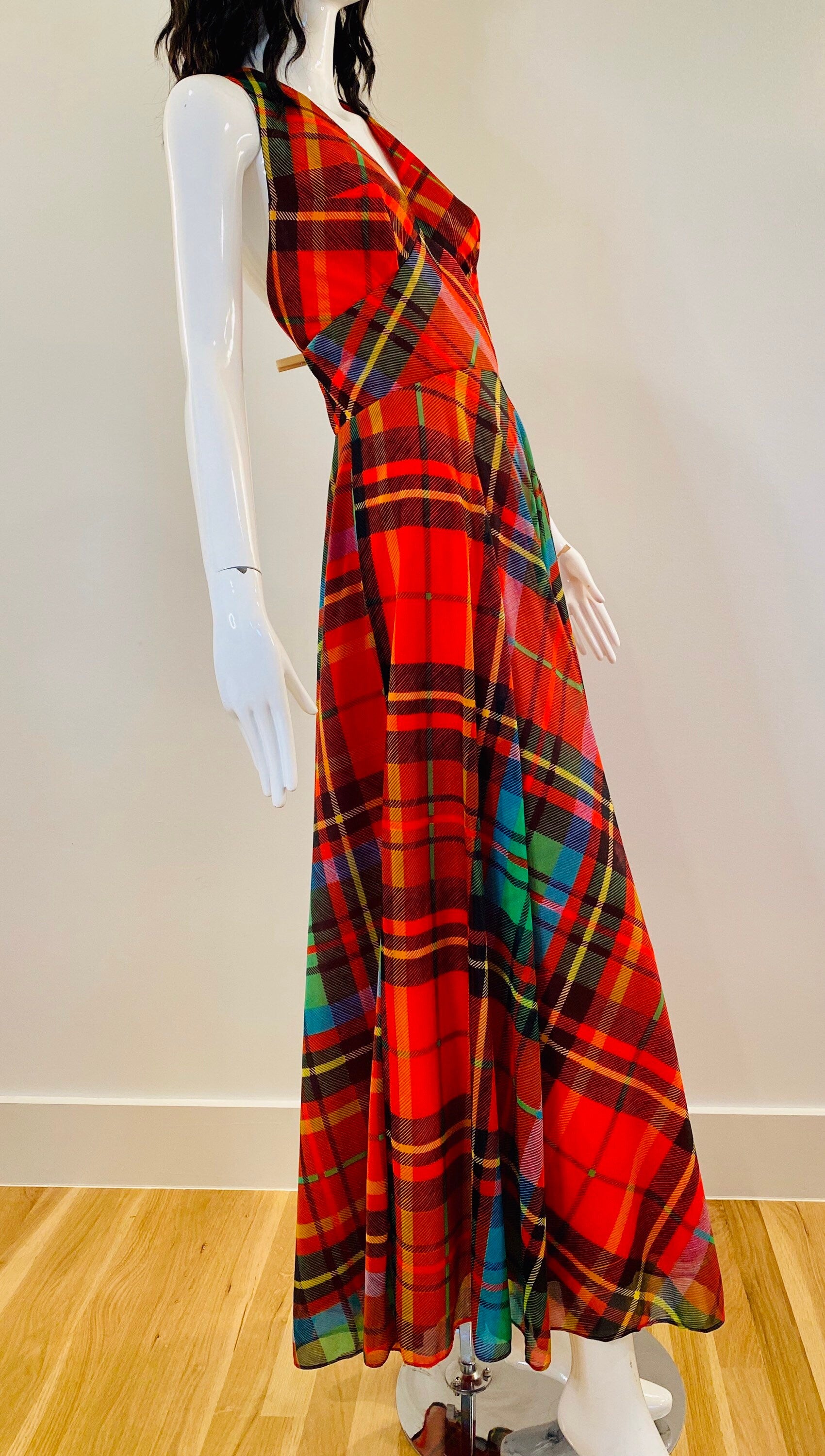 70s Coco of California Red Plaid Maxi Halter Dress
