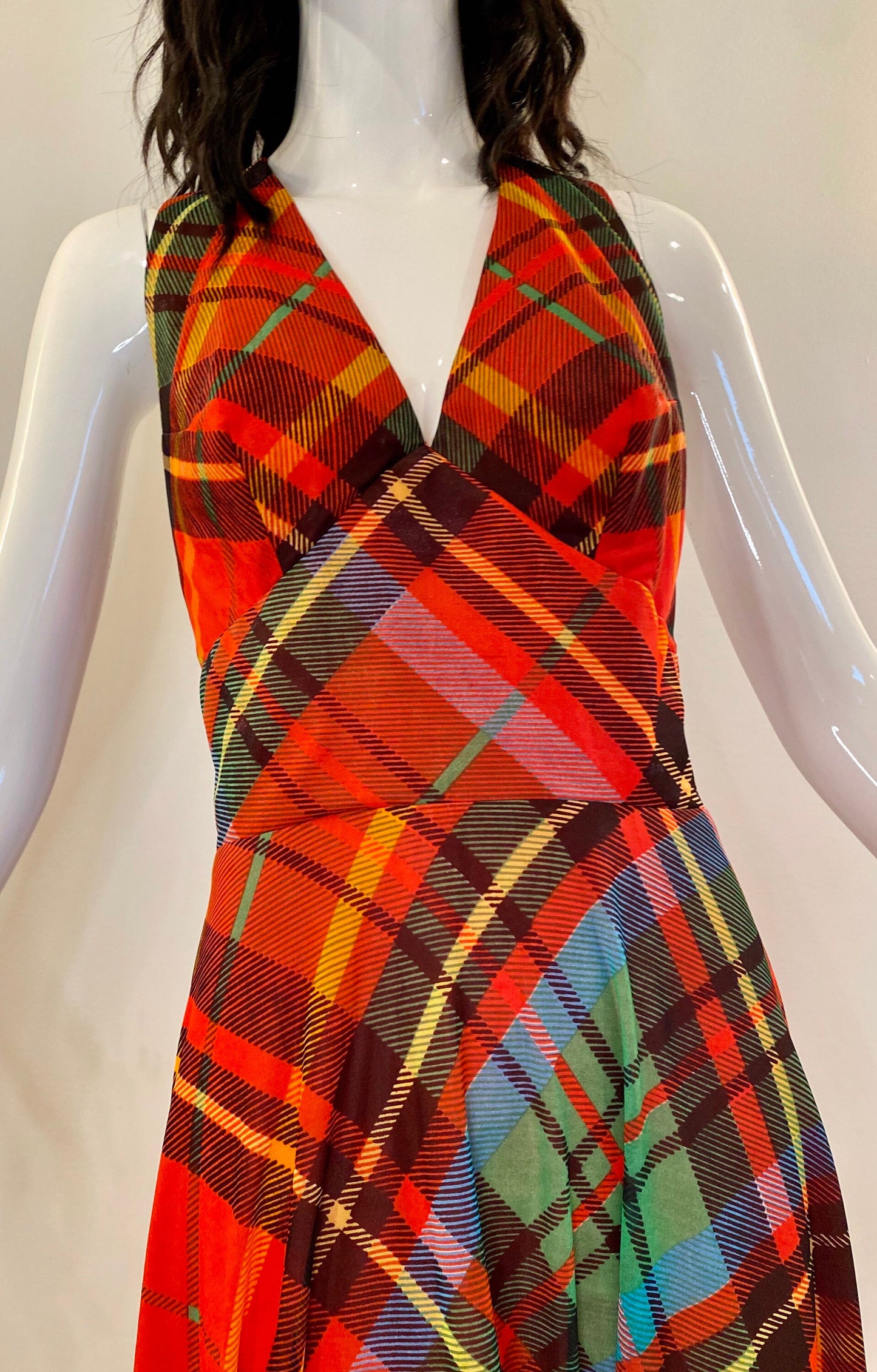 70s Coco of California Red Plaid Maxi Halter Dress