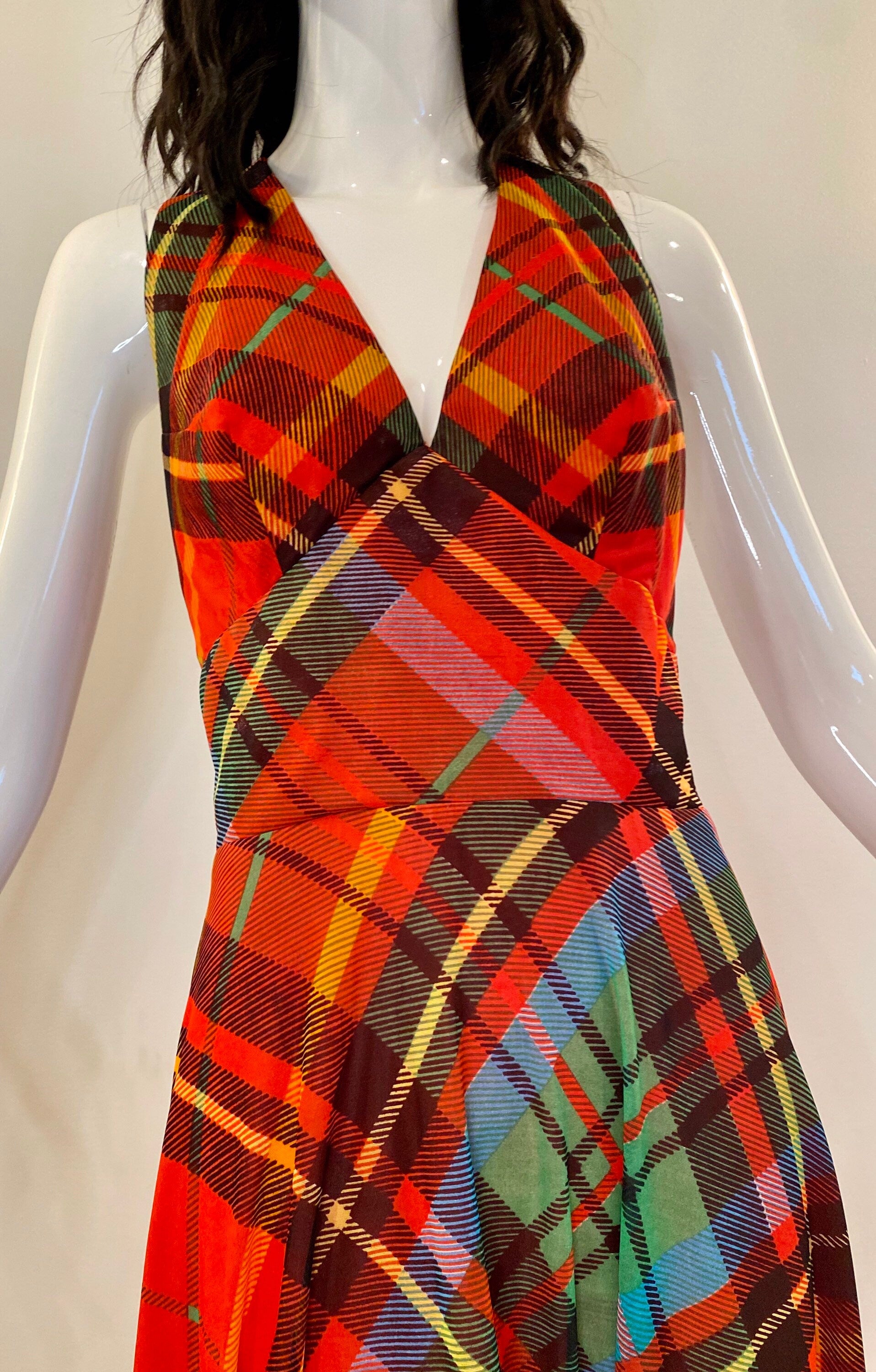 70s Coco of California Red Plaid Maxi Halter Dress