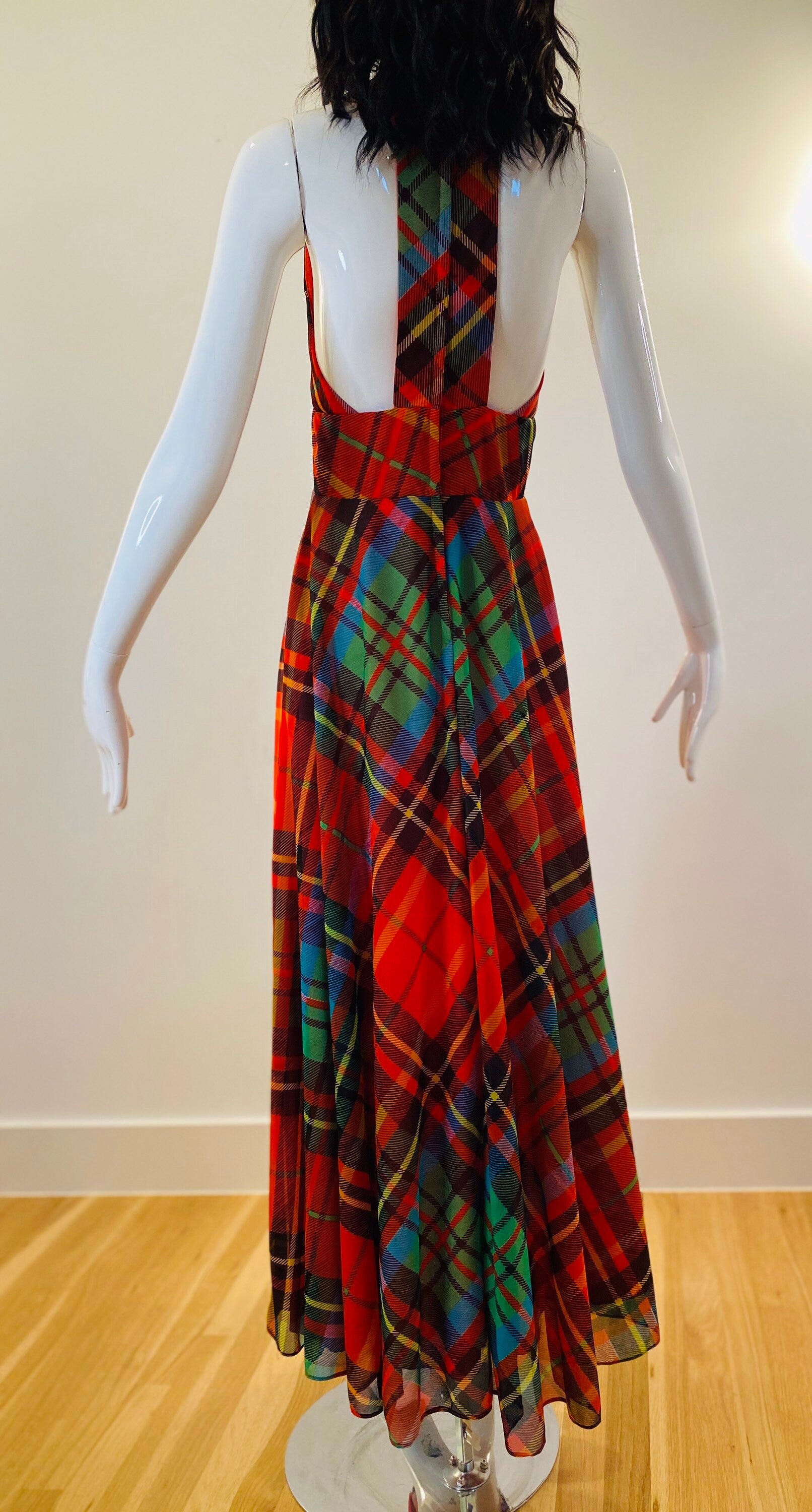 70s Coco of California Red Plaid Maxi Halter Dress