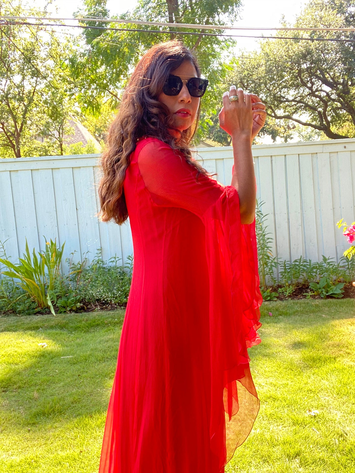 Andrew Gn Red Silk Chiffon Maxi Red Carpet Gown Heavily Beaded Neckline Angel Wings 44