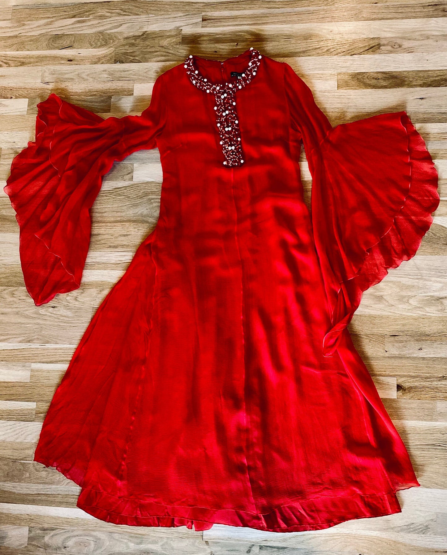 Andrew Gn Red Silk Chiffon Maxi Red Carpet Gown Heavily Beaded Neckline Angel Wings 44