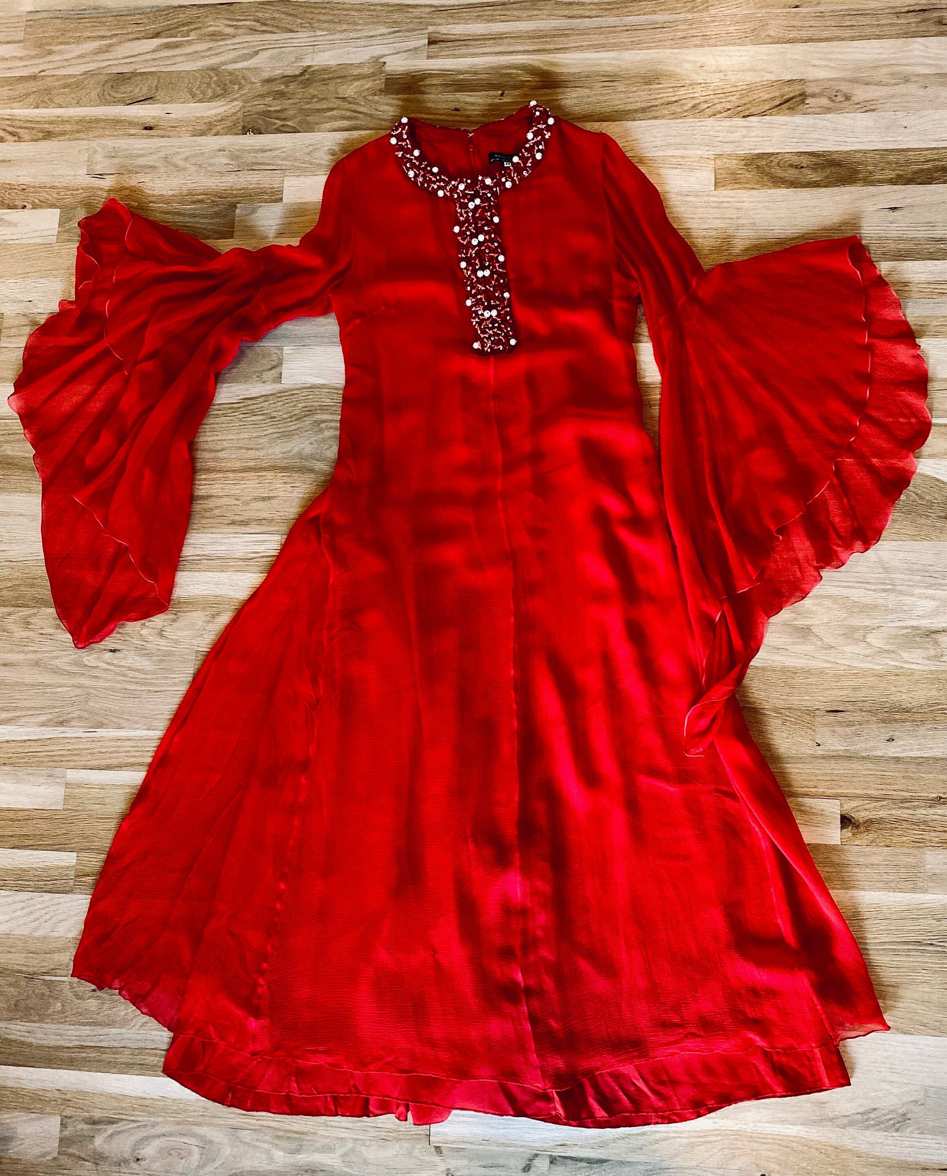 Andrew Gn Red Silk Chiffon Maxi Red Carpet Gown Heavily Beaded Neckline Angel Wings 44