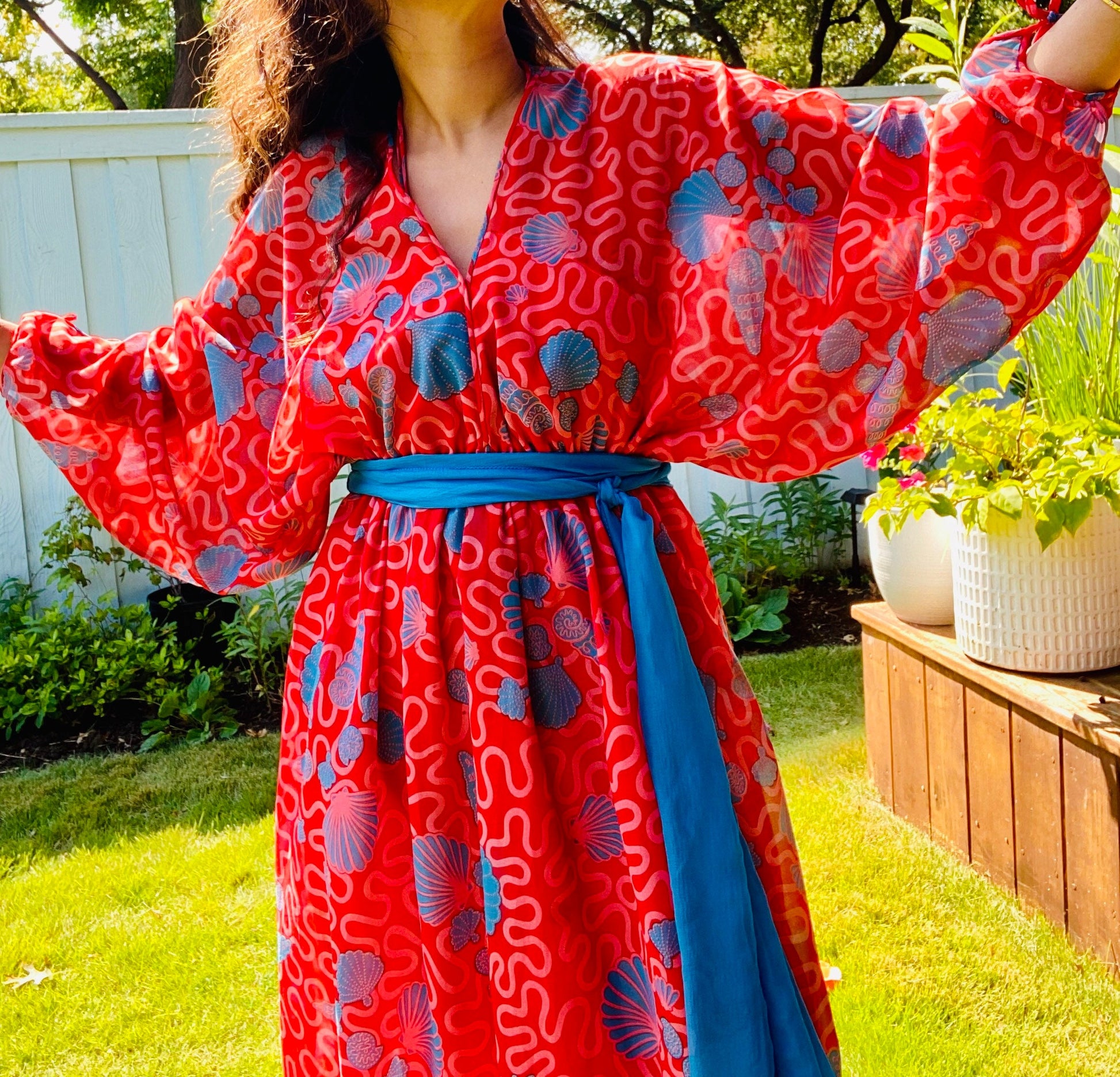 Zandra RHODES 70s Red Chiffon Wiggle Shell Maxi Dress Gown Signed Sash