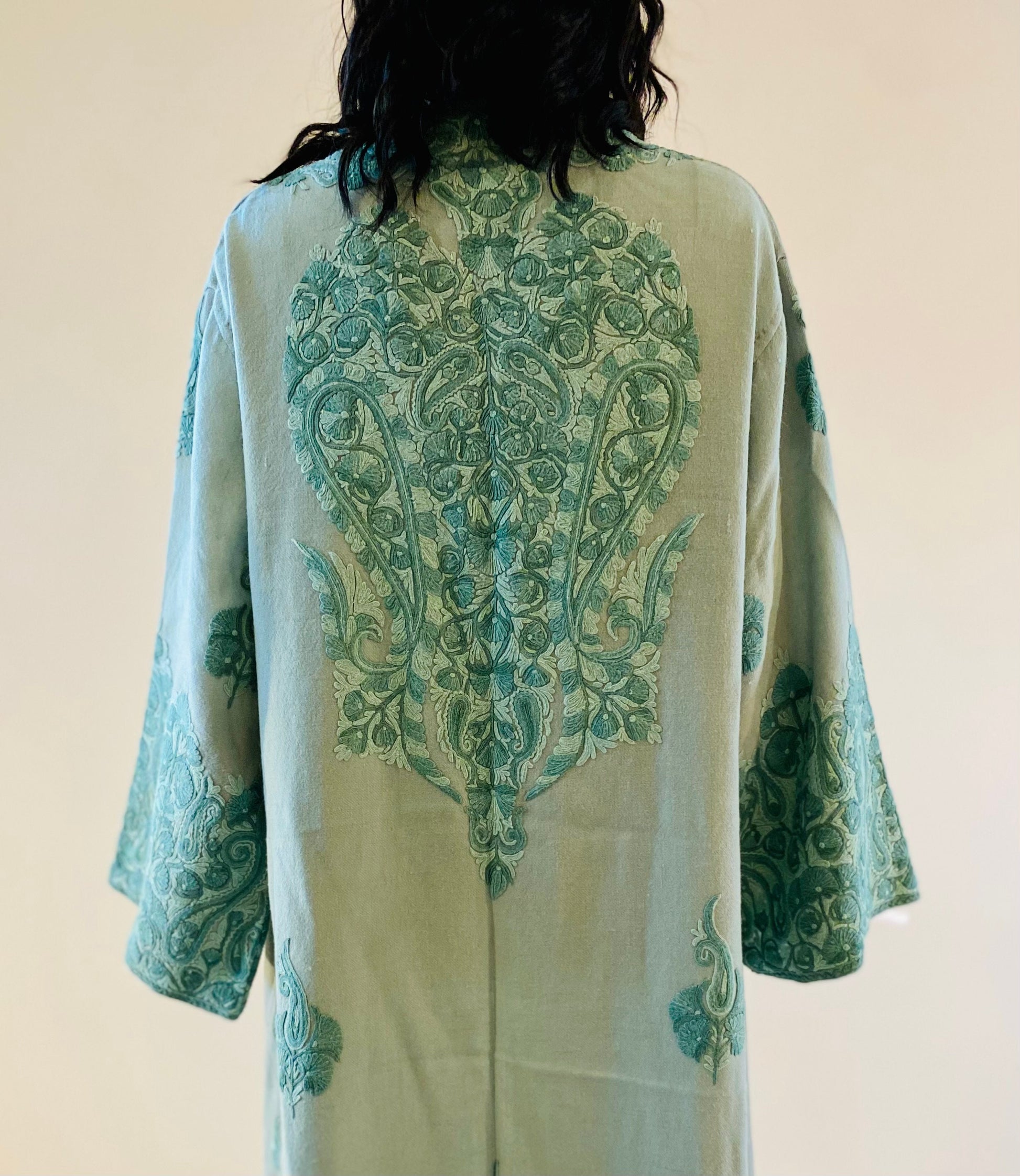 60s Bohemian Sage Green Embroidered Moroccan Wool Duster Jacket Hippie