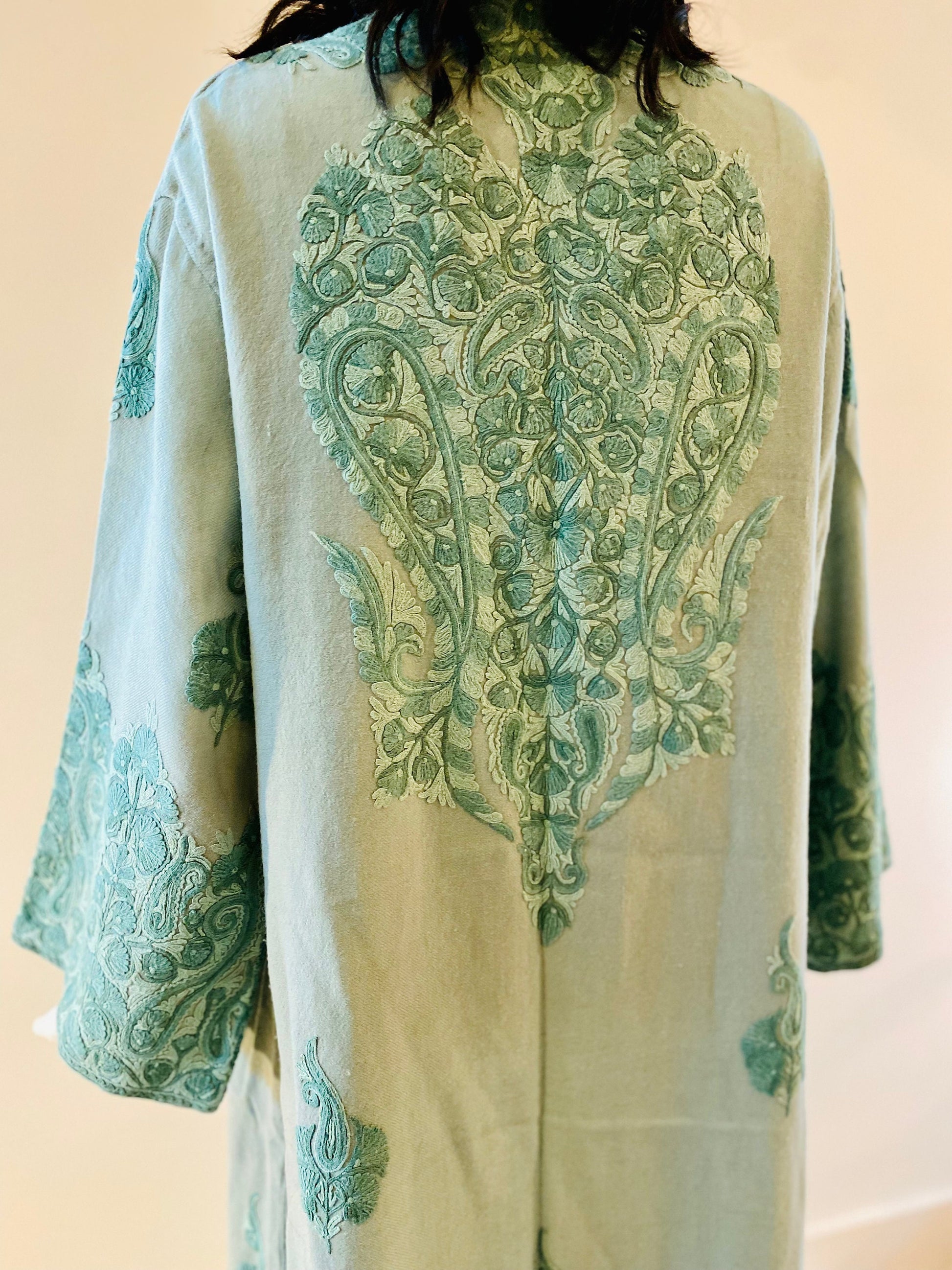 60s Bohemian Sage Green Embroidered Moroccan Wool Duster Jacket Hippie