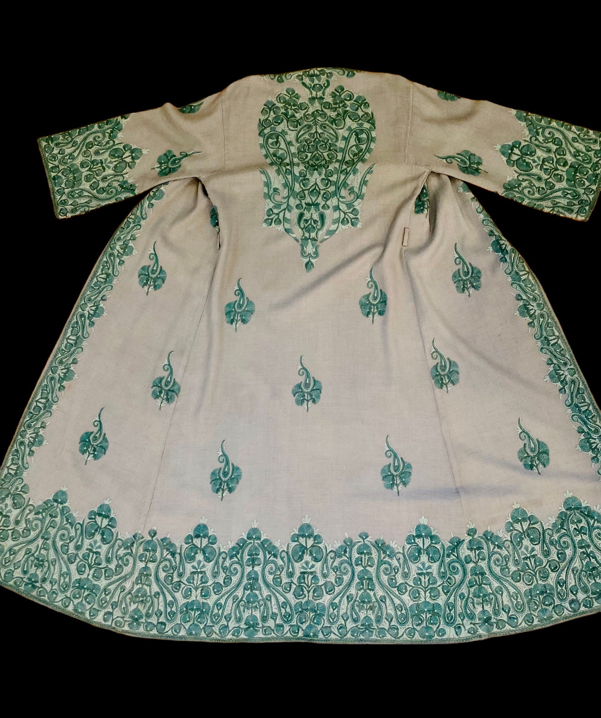 60s Bohemian Sage Green Embroidered Moroccan Wool Duster Jacket Hippie