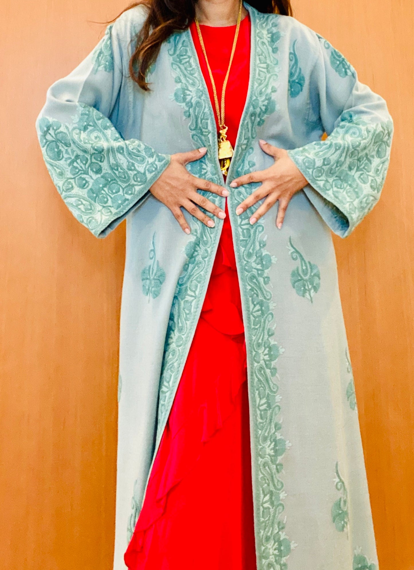 60s Bohemian Sage Green Embroidered Moroccan Wool Duster Jacket Hippie