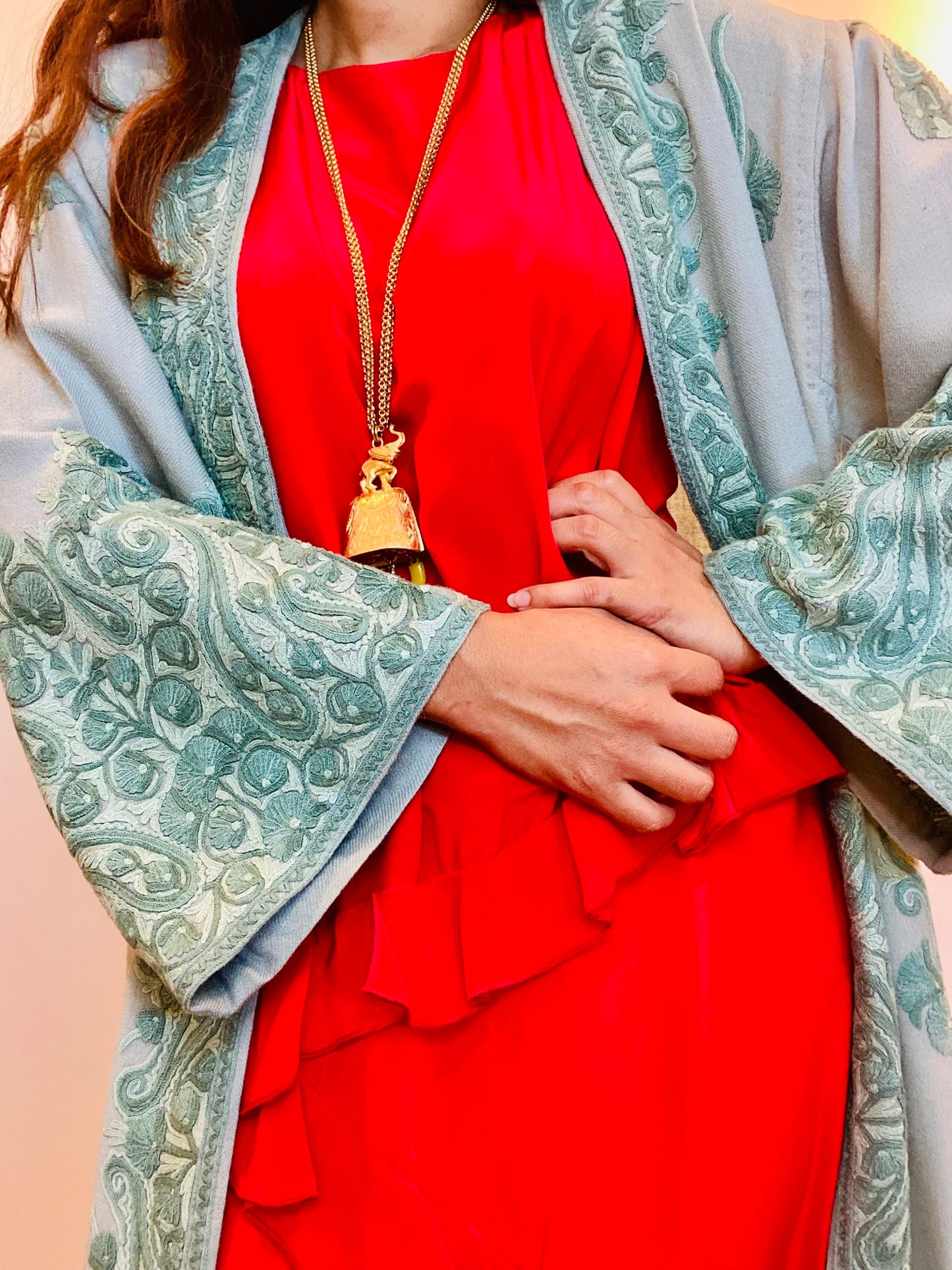 60s Bohemian Sage Green Embroidered Moroccan Wool Duster Jacket Hippie