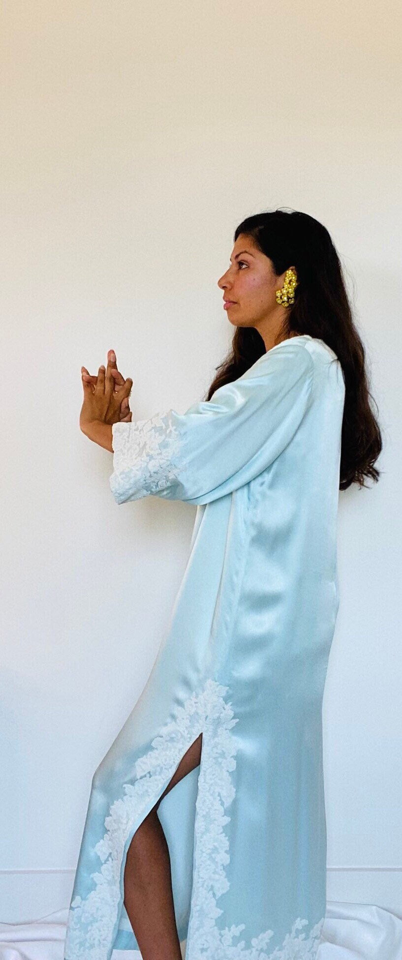 70s Rare Pure Silk Juel Park Beverly Hills Maxi Bell Sleeves Ankle Length Caftan Dress