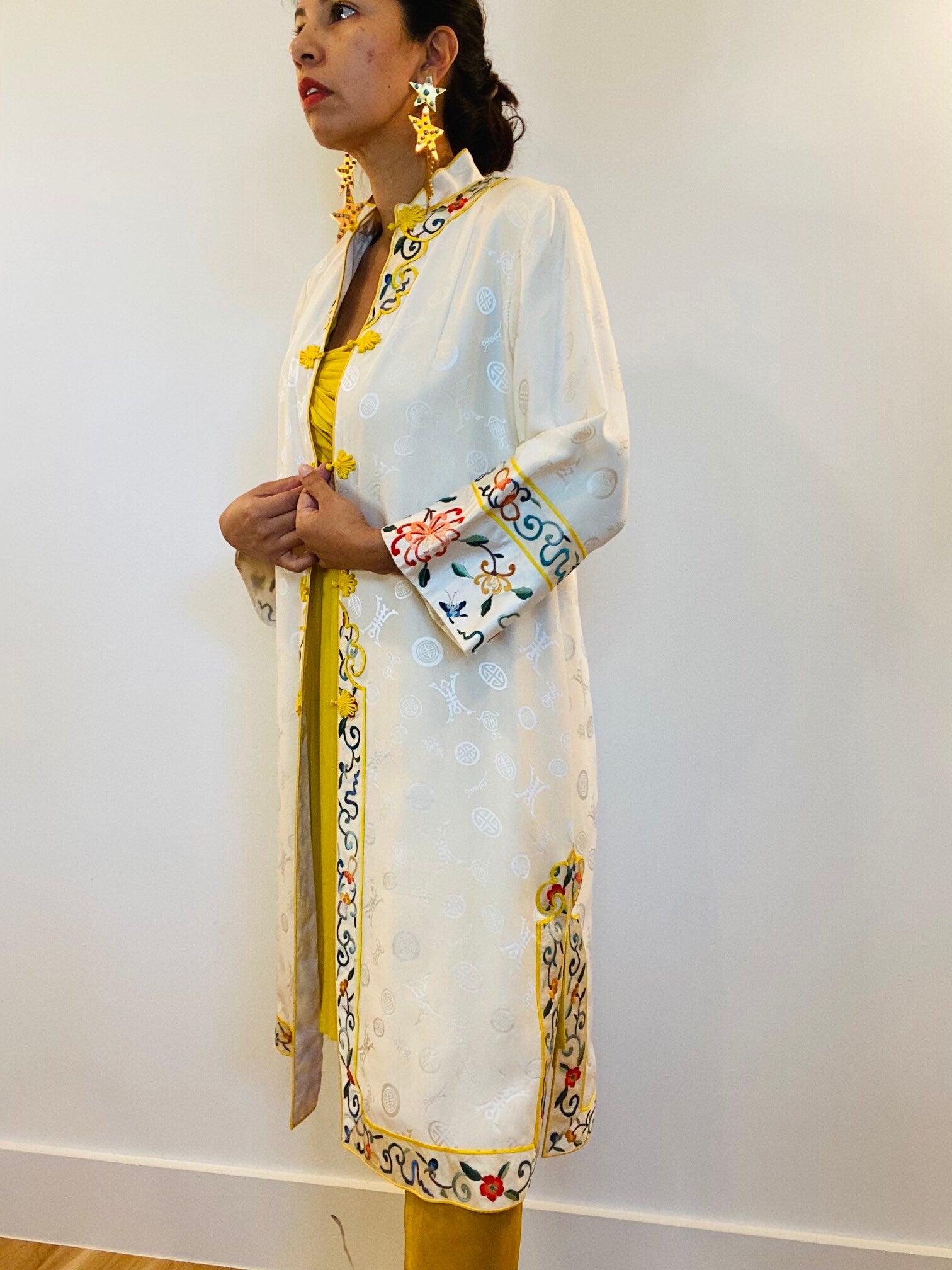 40s Rare Silk Cream and Yellow Chinoiserie Fancy Long Jacket / Multi Color Embroidered Silk Jacket Dress / Hostess Dressing