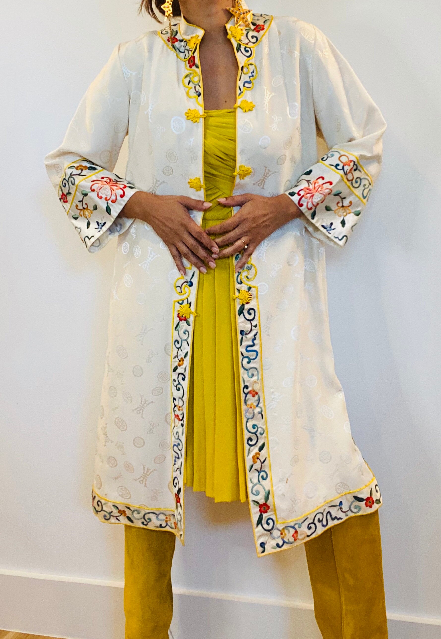 40s Rare Silk Cream and Yellow Chinoiserie Fancy Long Jacket / Multi Color Embroidered Silk Jacket Dress / Hostess Dressing