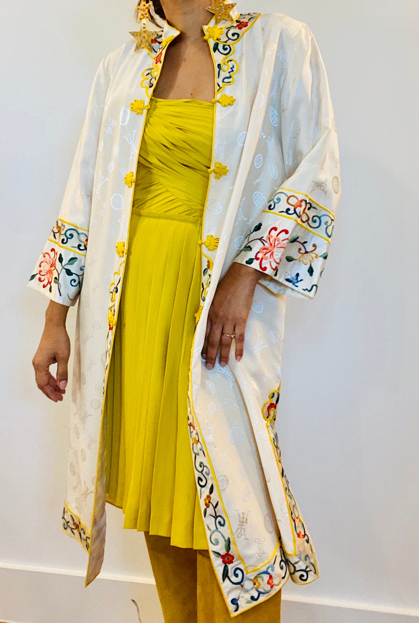 40s Rare Silk Cream and Yellow Chinoiserie Fancy Long Jacket / Multi Color Embroidered Silk Jacket Dress / Hostess Dressing