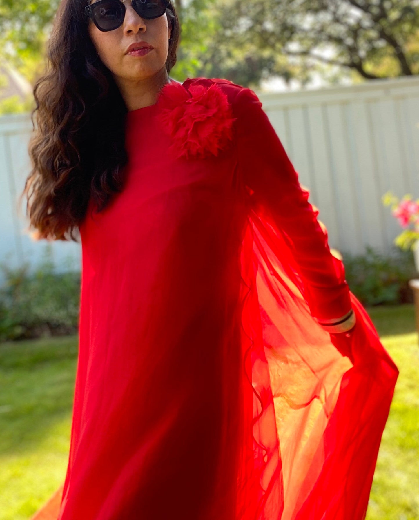 60s I. Magnin Red Chiffon Sweeping Maxi Gown Long Sleeves