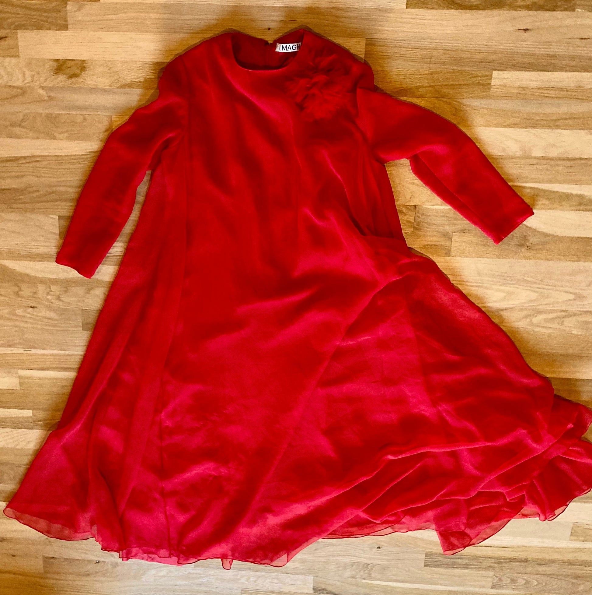 60s I. Magnin Red Chiffon Sweeping Maxi Gown Long Sleeves