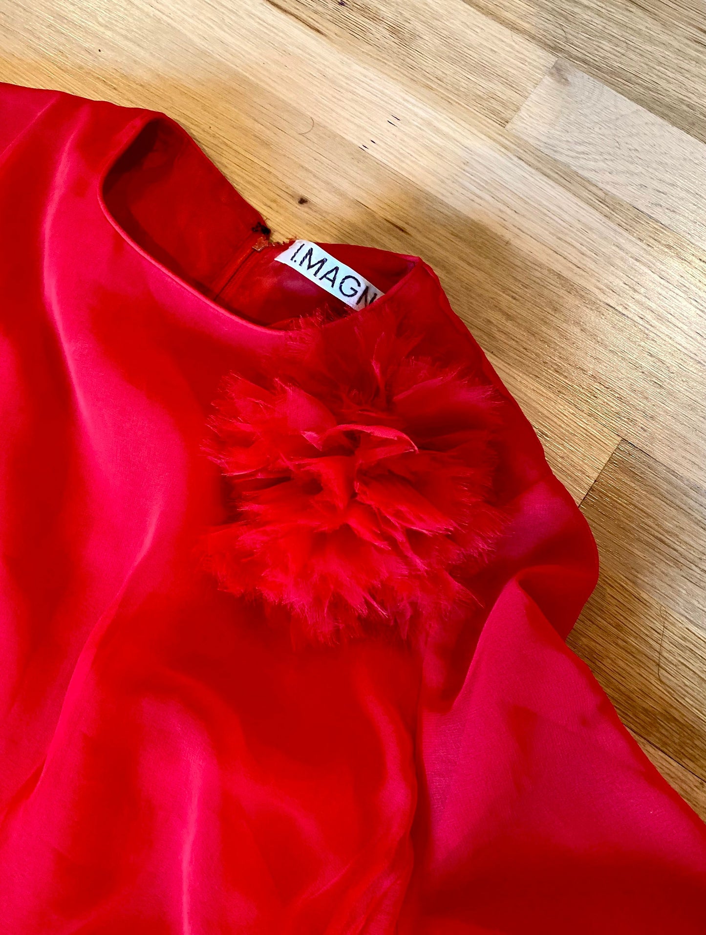 60s I. Magnin Red Chiffon Sweeping Maxi Gown Long Sleeves