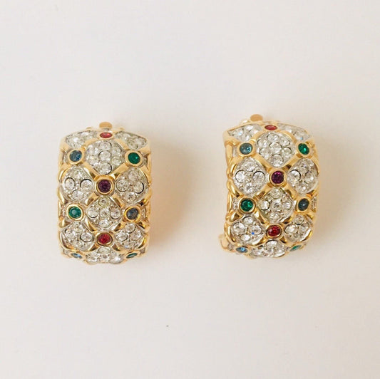 Oversized Swarovski Earrings / 80s Earrings / Vintage Multi Color Crystal Glam Earrings / Clip Ons