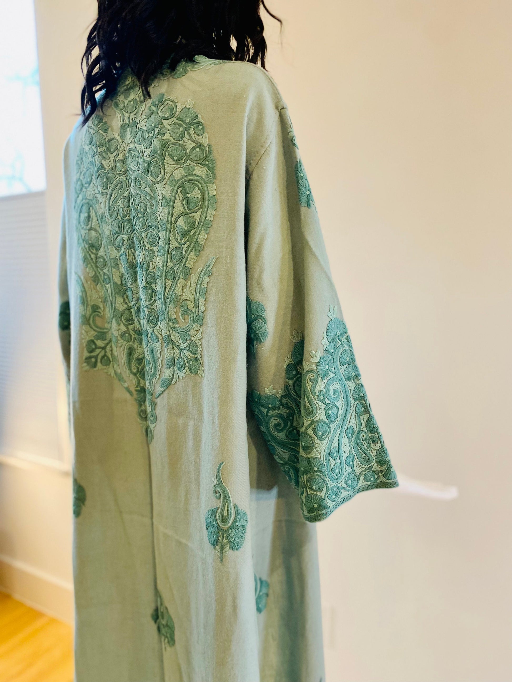 60s Bohemian Sage Green Embroidered Moroccan Wool Duster Jacket Hippie