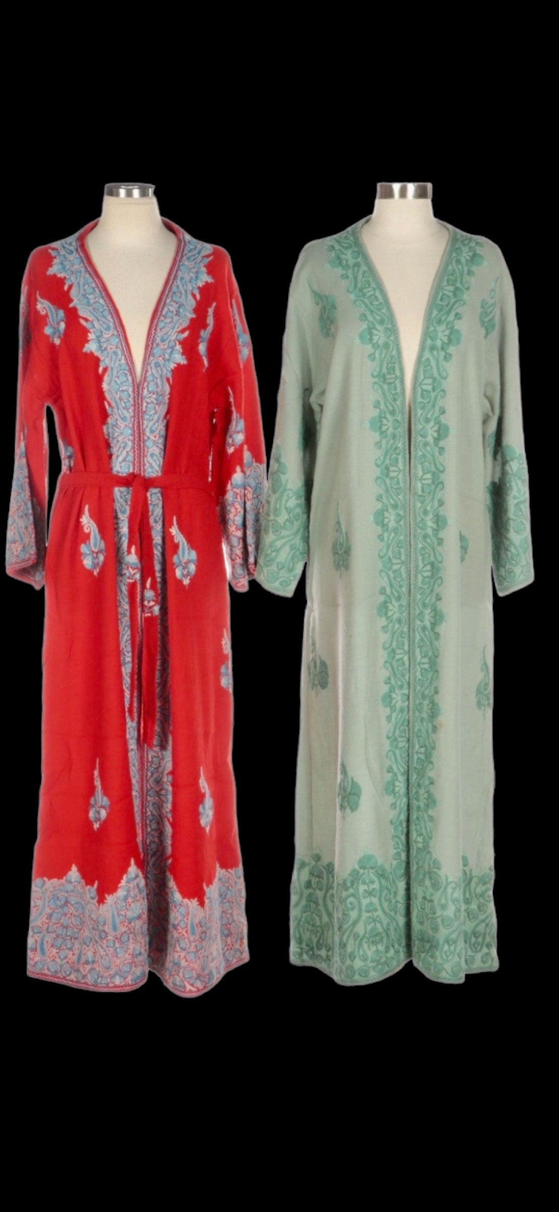 60s Bohemian Sage Green Embroidered Moroccan Wool Duster Jacket Hippie