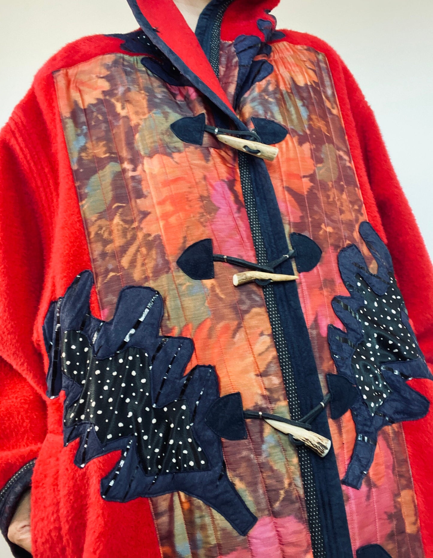 Red Wool Alpaca Koos Van Den Akker Hooded Patchwork Coat Horn Toggle