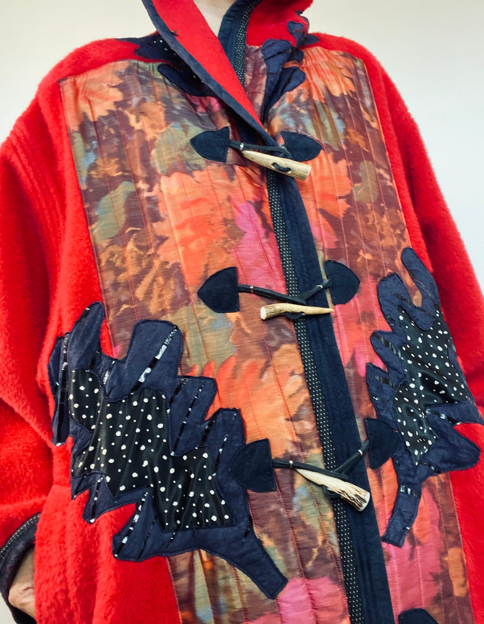 Red Wool Alpaca Koos Van Den Akker Hooded Patchwork Coat Horn Toggle