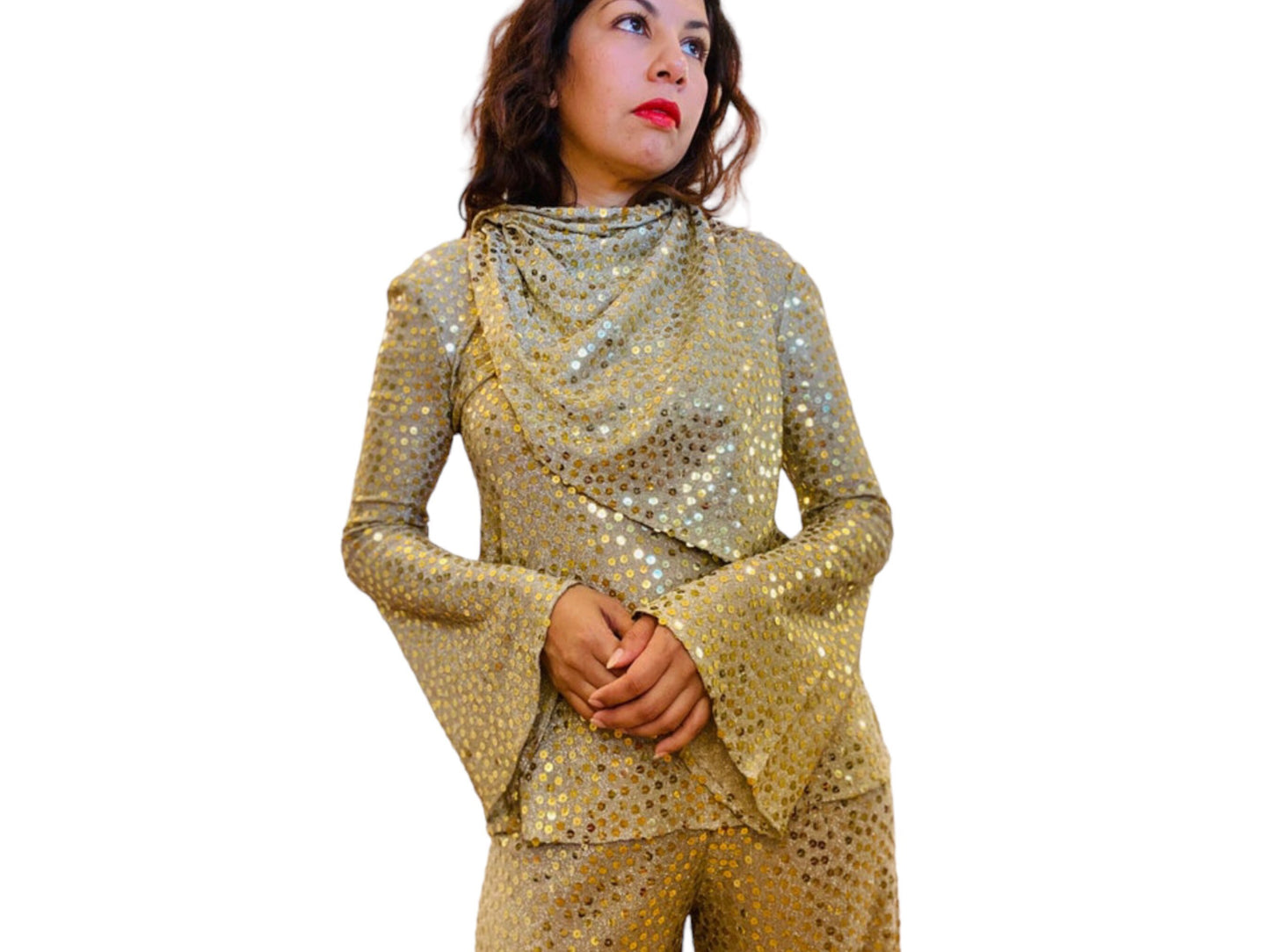 Mollie PARNIS for I MAGNIN Late 60s Disco Queen Gold Lurex Jersey Trumpet Angel Sleeves Tunic Palazzo Bell Bottoms Pants and Shawl Ensemble