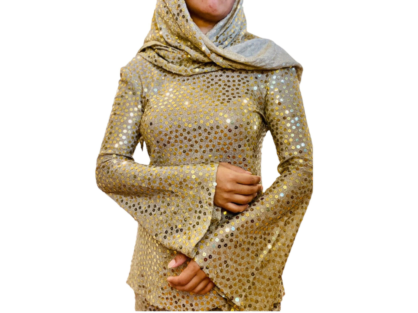 Mollie PARNIS for I MAGNIN Late 60s Disco Queen Gold Lurex Jersey Trumpet Angel Sleeves Tunic Palazzo Bell Bottoms Pants and Shawl Ensemble