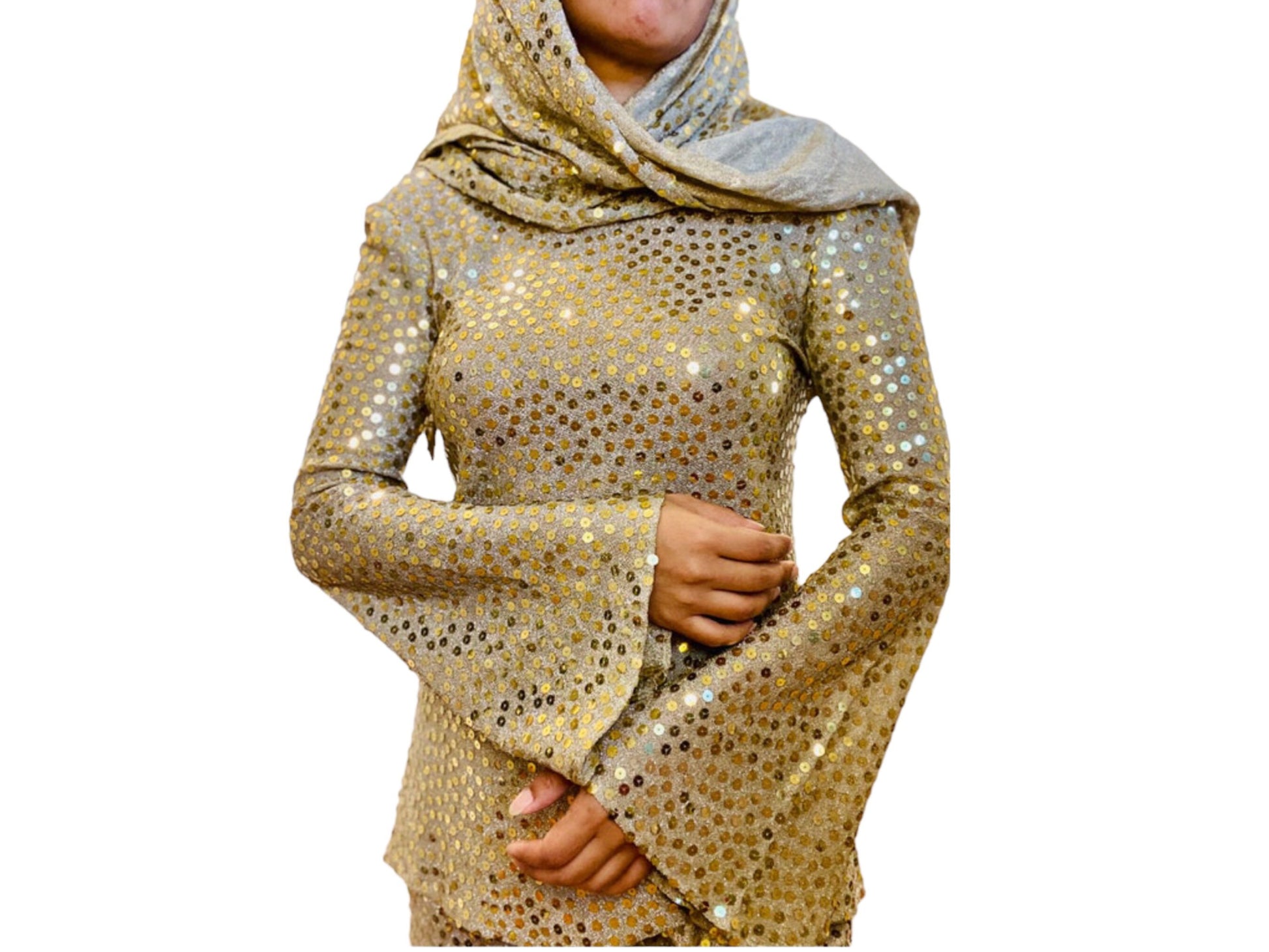 Mollie PARNIS for I MAGNIN Late 60s Disco Queen Gold Lurex Jersey Trumpet Angel Sleeves Tunic Palazzo Bell Bottoms Pants and Shawl Ensemble