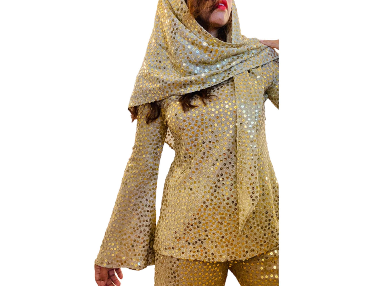 Mollie PARNIS for I MAGNIN Late 60s Disco Queen Gold Lurex Jersey Trumpet Angel Sleeves Tunic Palazzo Bell Bottoms Pants and Shawl Ensemble