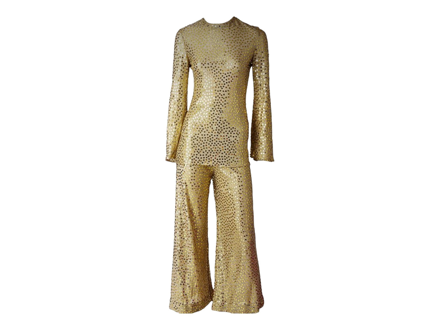 Mollie PARNIS for I MAGNIN Late 60s Disco Queen Gold Lurex Jersey Trumpet Angel Sleeves Tunic Palazzo Bell Bottoms Pants and Shawl Ensemble