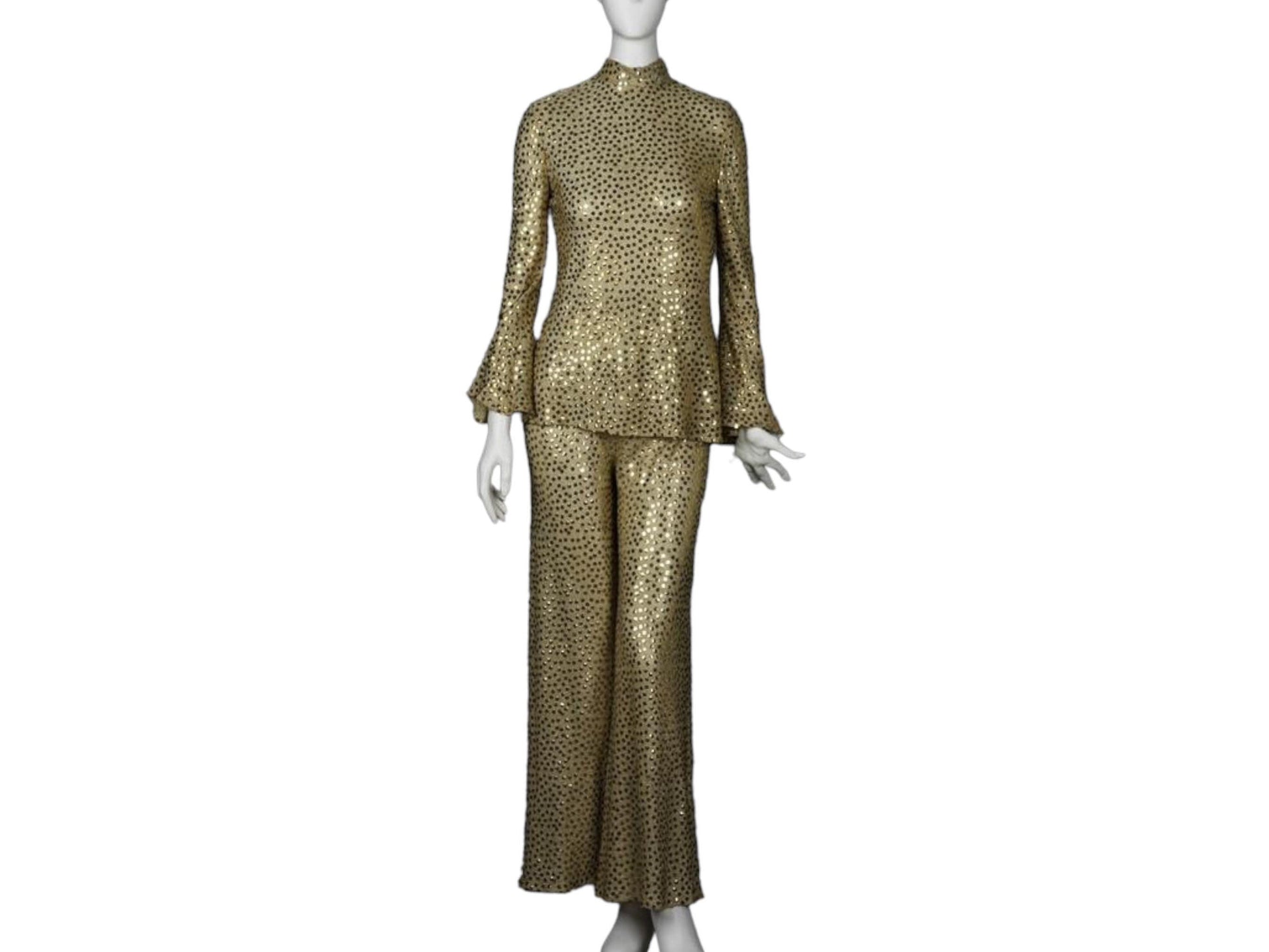 Mollie PARNIS for I MAGNIN Late 60s Disco Queen Gold Lurex Jersey Trumpet Angel Sleeves Tunic Palazzo Bell Bottoms Pants and Shawl Ensemble