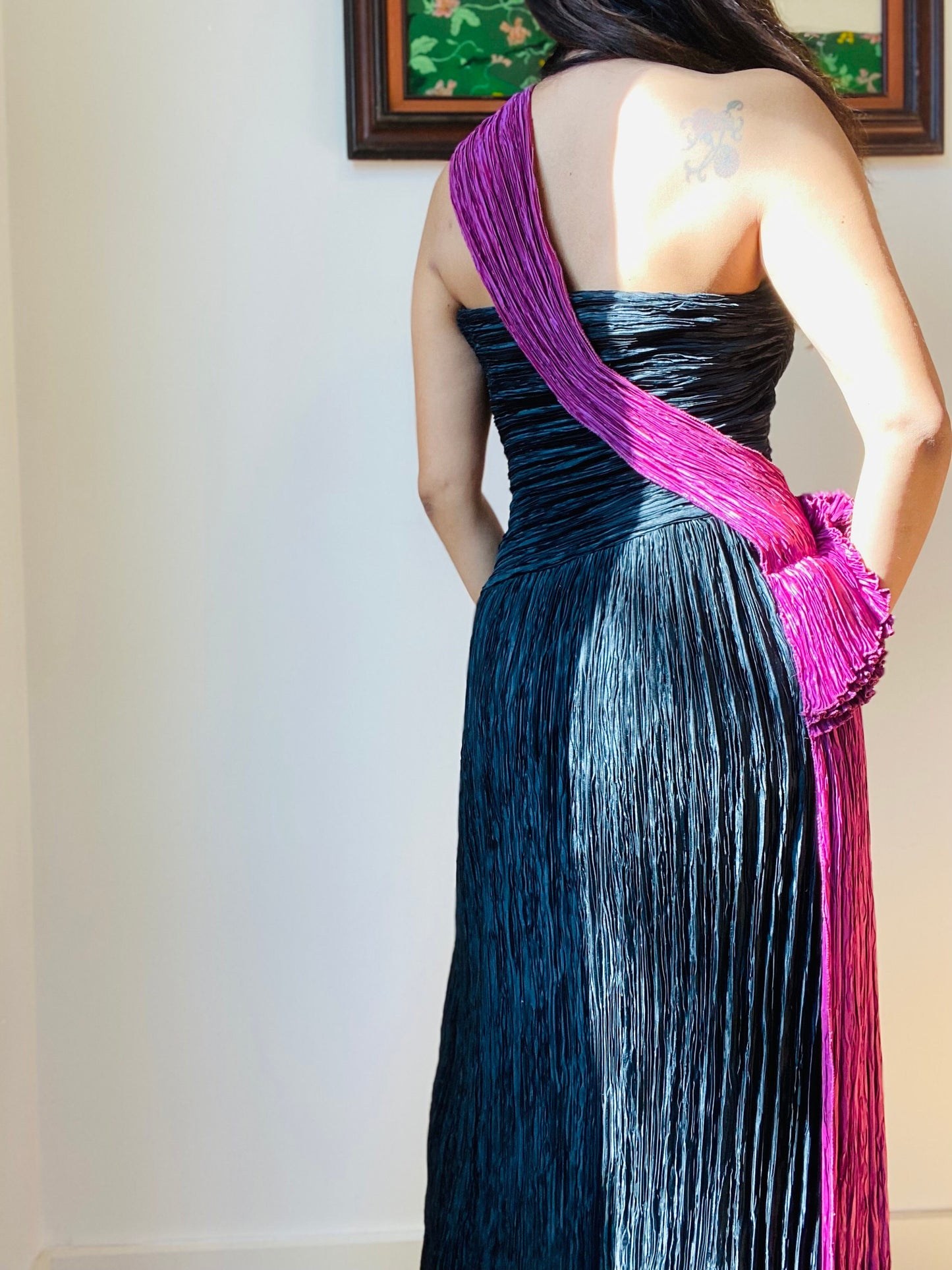 Early 80s Mary McFadden for Neiman Marcus One Shoulder Pleated Goddess Gown Fortuny Plisse