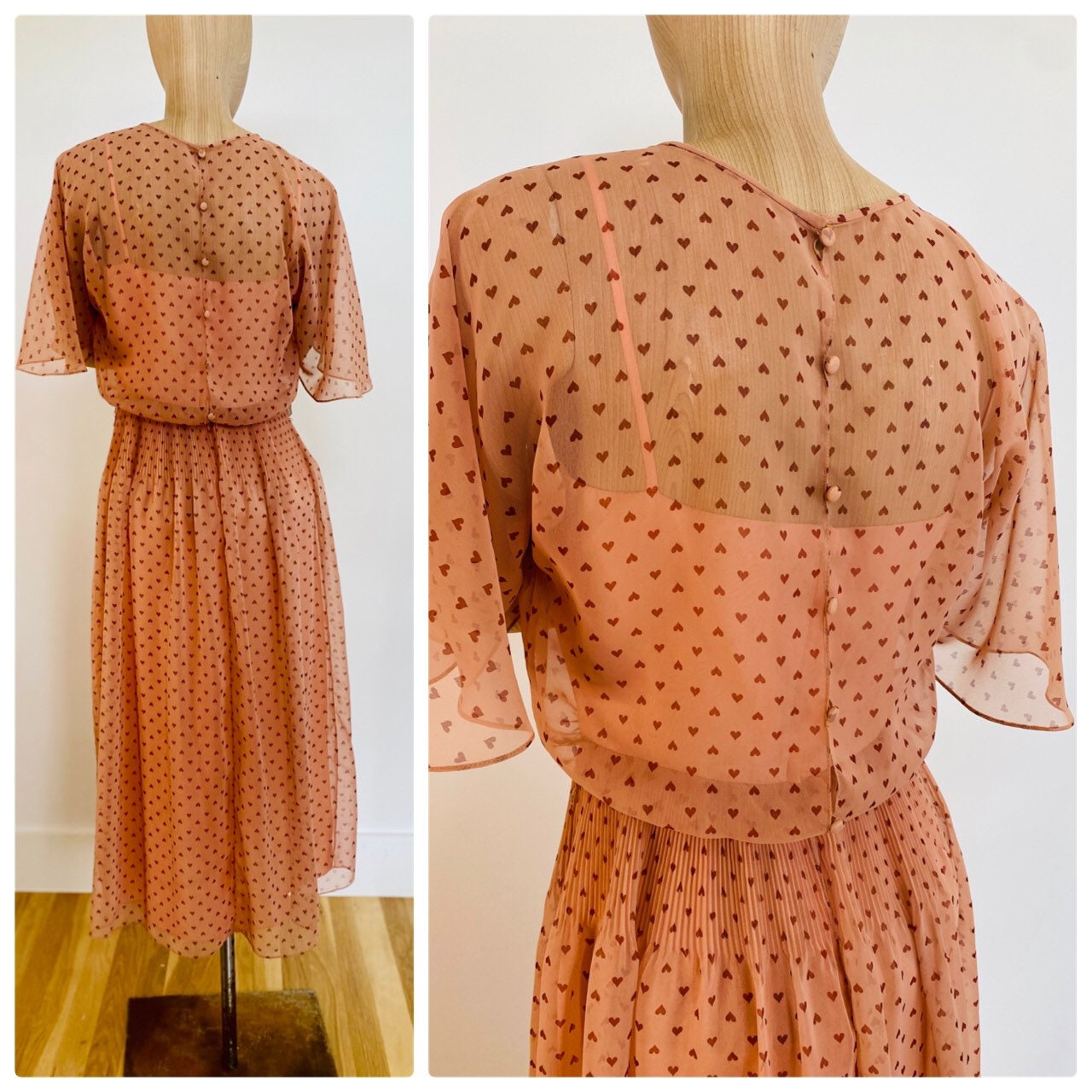 50s Rizkallah for Mardi Gras Dusty Rose Heart Print Chiffon Pleated Angel Sleeve Dress Rare As Is