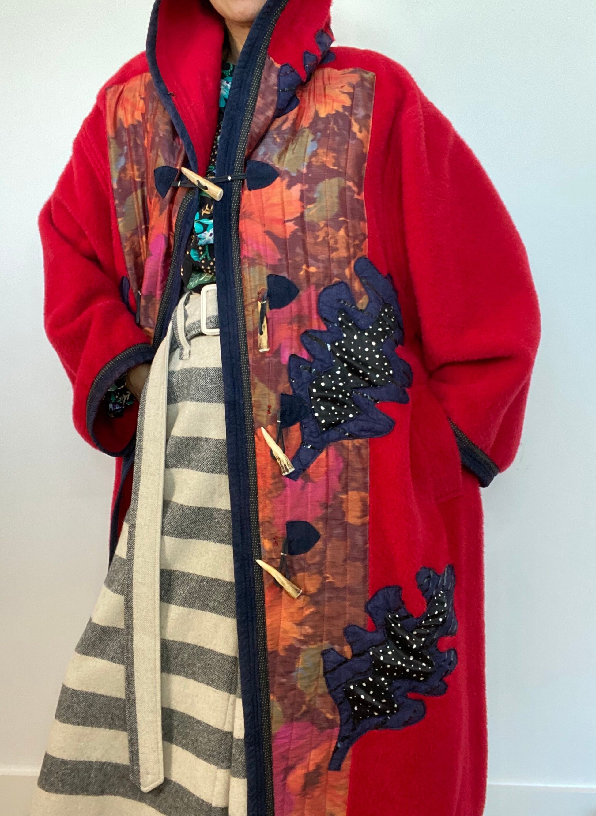 Red Wool Alpaca Koos Van Den Akker Hooded Patchwork Coat Horn Toggle