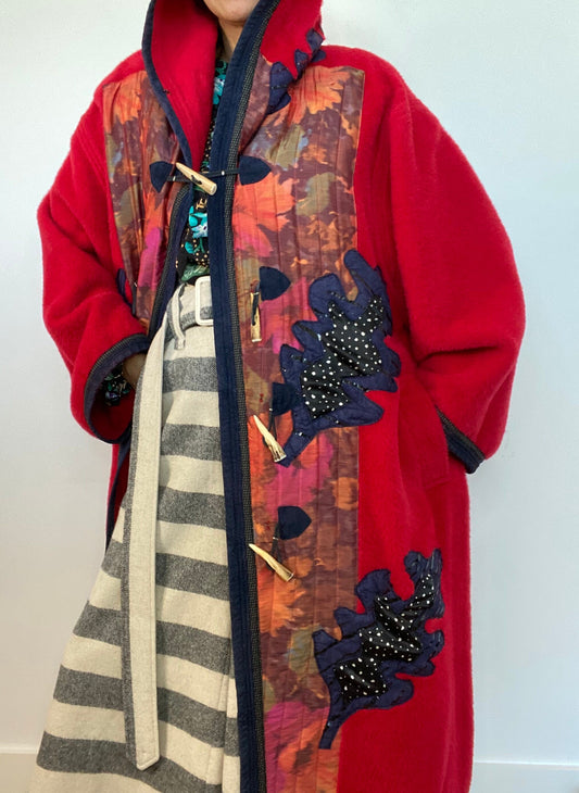 Red Wool Alpaca Koos Van Den Akker Hooded Patchwork Coat Horn Toggle